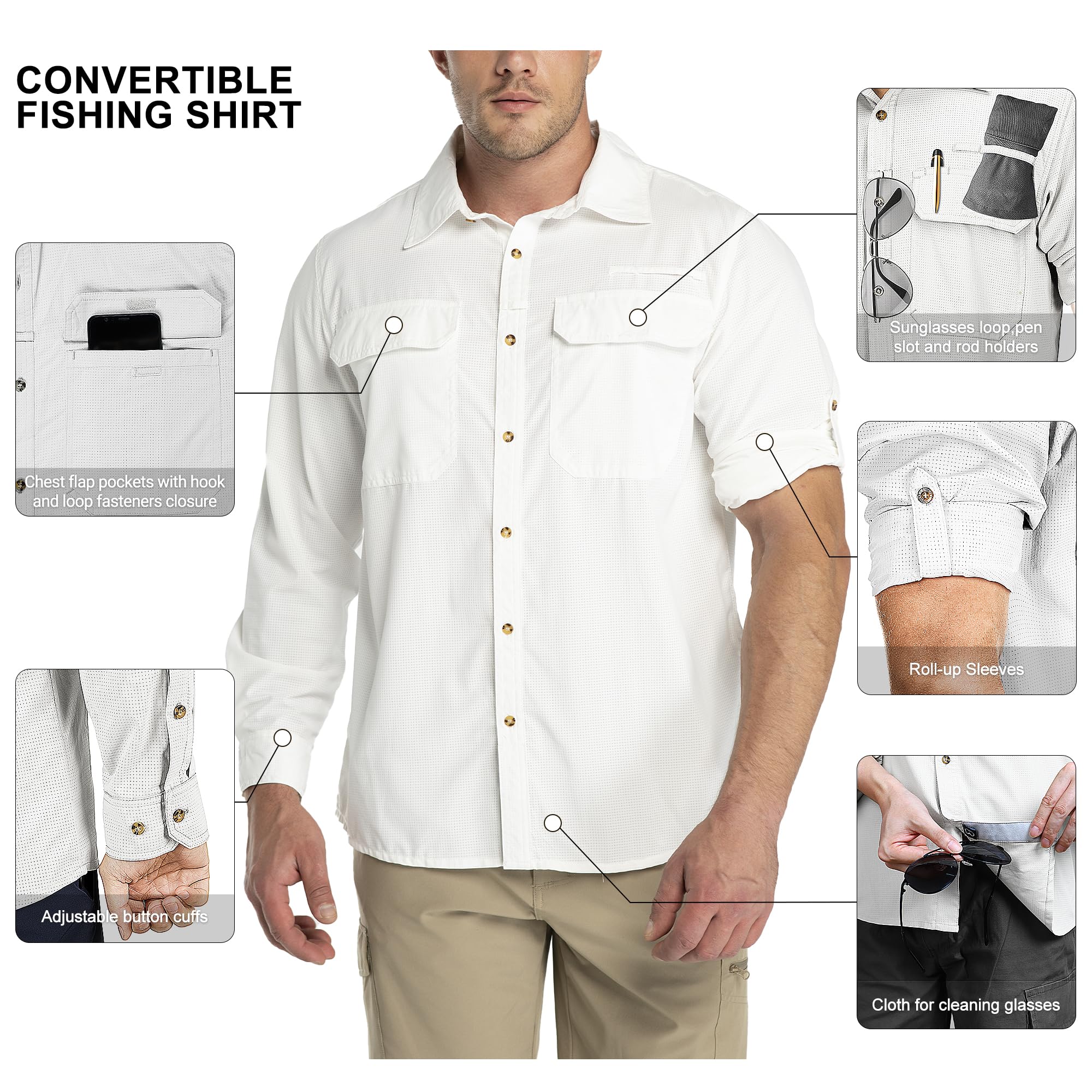 Outdoor Ventures Camisa de manga larga para hombre, camisa funcional para exteriores, de secado rápido, informal, transpirable, Blanco, XXL