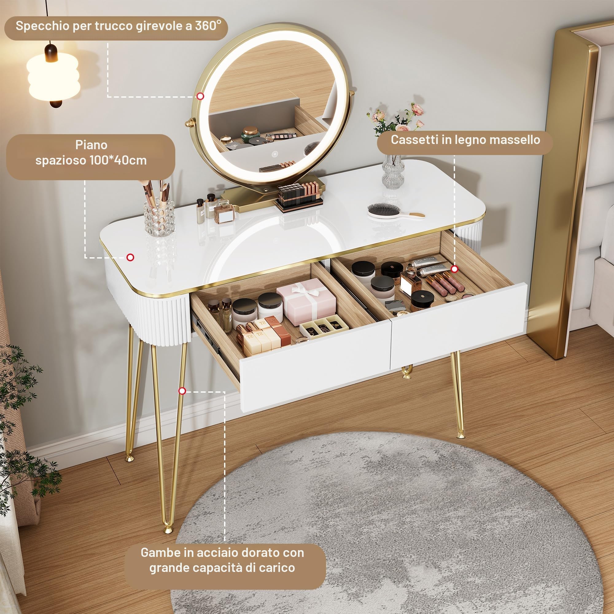 EUGAD Toeletta da Trucco con Luci LED, Luminosità Regolabile, Postazione Trucco con Specchio, 2 Cassetti in Legno, Piano Lucido 100x40 cm, Moderno, Bianco + Oro