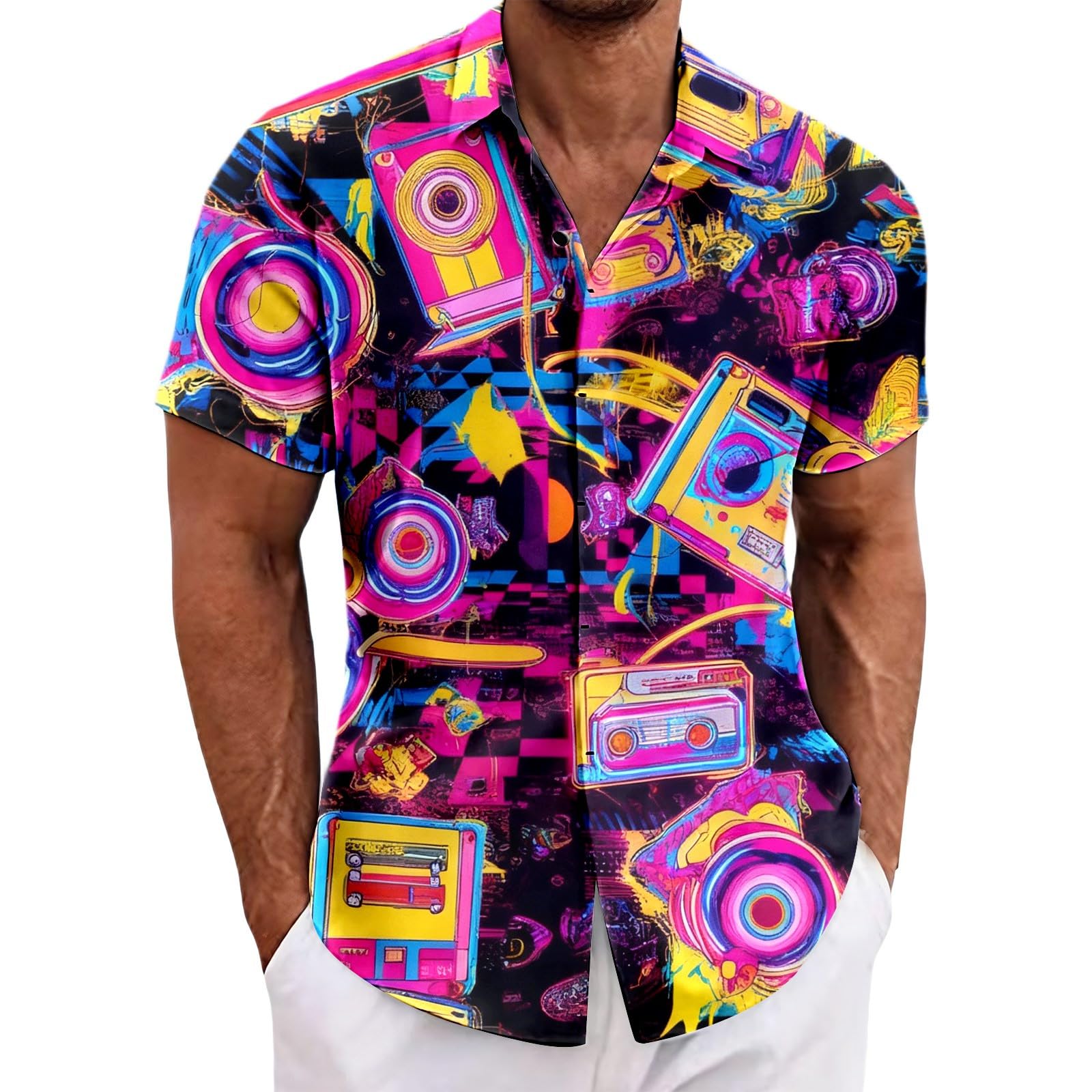 RUMAOZIA Men's Hawaiian Shirt 80s 90s Style Short Sleeve Carnival Fancy Dress Outfit 80s Shirts 90s Button Up Shirt Retro Hawaiian Beach Shirt Neon Disco Funny Party Shirts Colourful Vintage Shirts — image 1