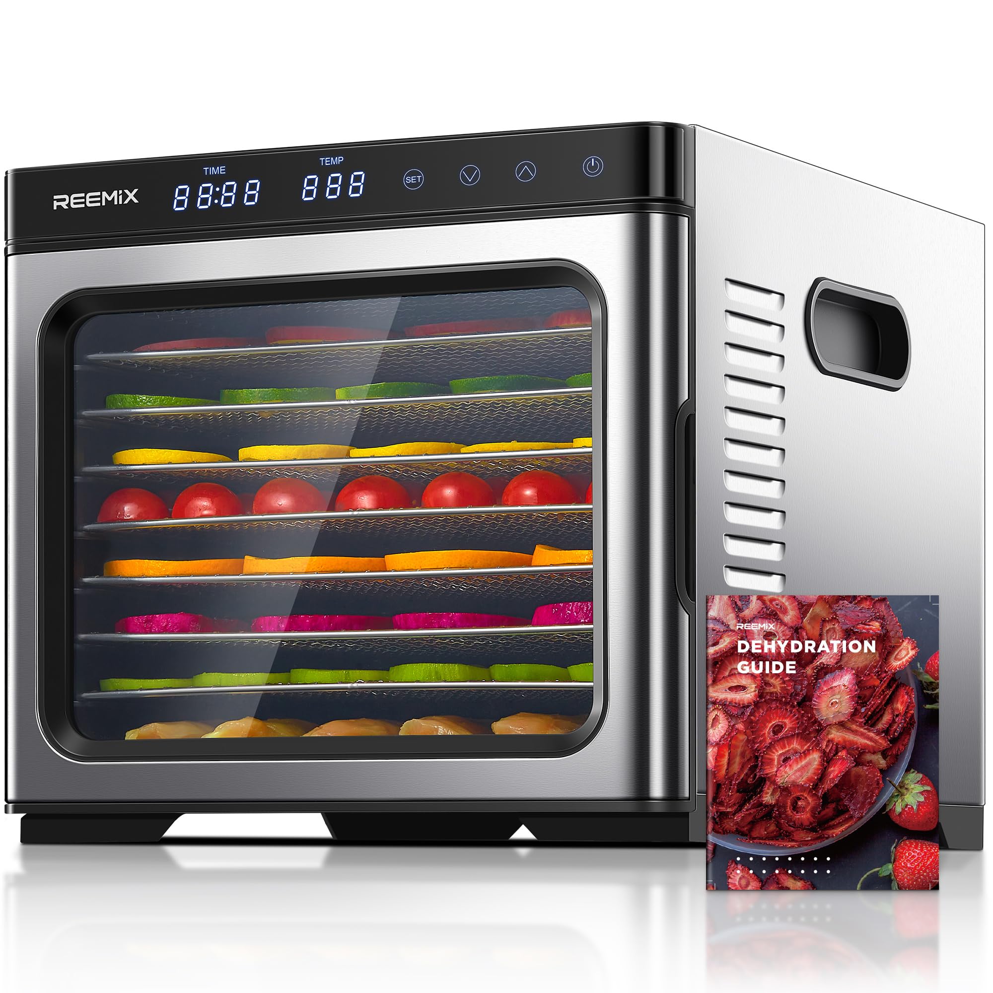 Déshydrateur alimentaire en acier inoxydable 1000W, contrôle digital, 9 plateaux, surface 0,8 m², température 30–75°C, minuterie 30 min–48h, écran LCD tactile