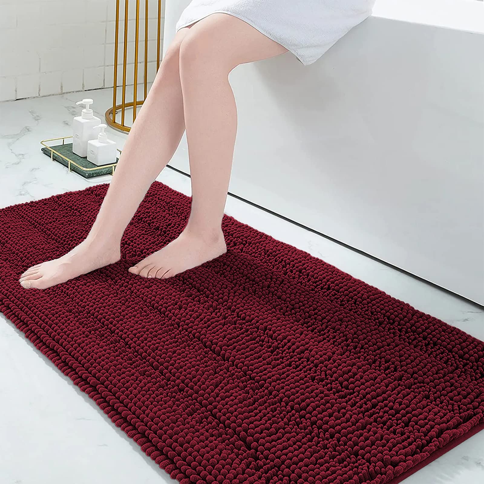 Grandaily Chenille Bathroom Rugs 59x24, Soft Absorbent Bath Mats, Burgundy
