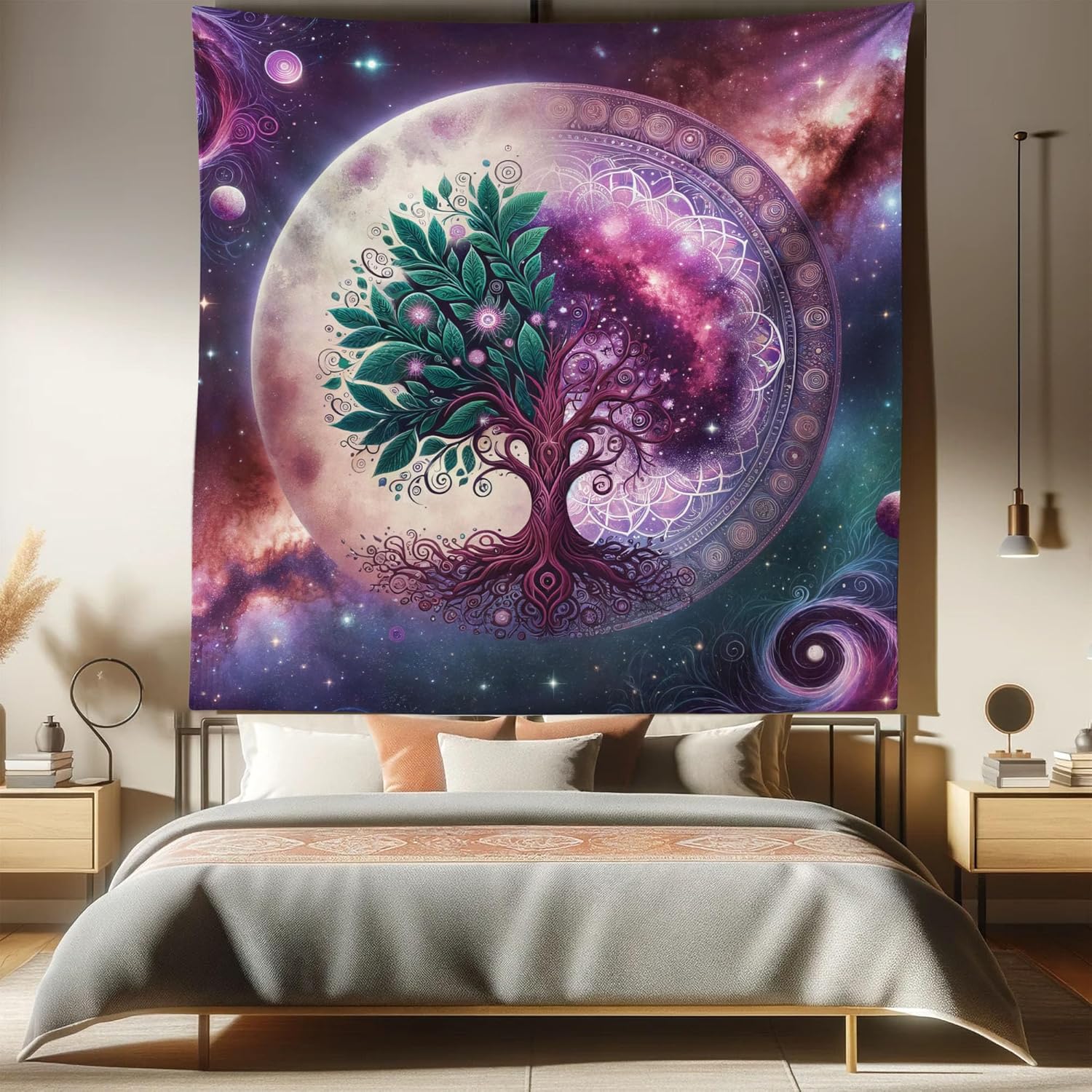 Ambesonne Boho Tapestry Queen Size, Springtime Butterfly Art with Delicate Floral Garden and Dreamy Moon Circle, Wall Hanging Bedspread Bed Cover Wall Decor, 88" X 88", Pale Ruby Dark Taupe