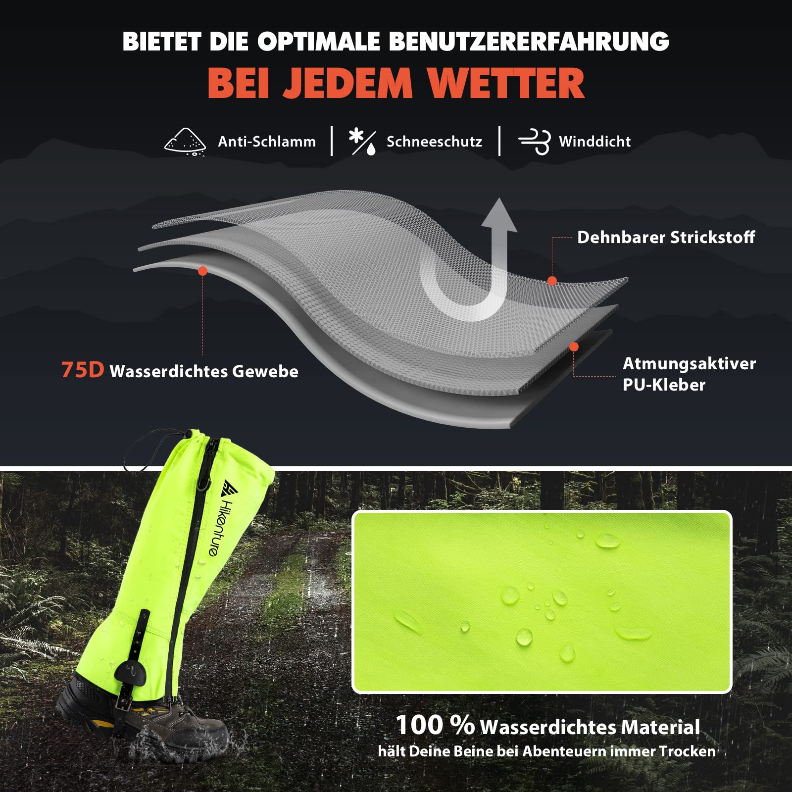 HIKENTURE getry trekkingowe, polowania, jazda na rowerze, getry dla mężczyzn i kobiet, wodoodporne getry przeciwdeszczowe, getry outdoorowe chronią spodnie i buty przed śniegiem, deszczem/owadami