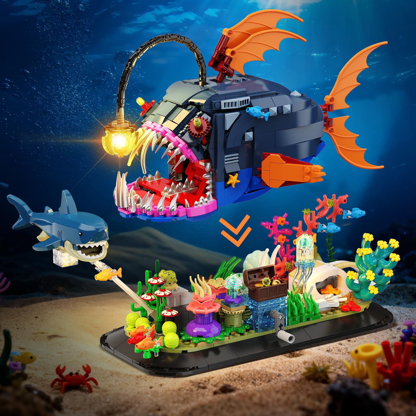 INSOON Set de Construction Poisson-Lanterne Mécanique avec Lumières, Poisson-Pêcheur Articulé avec Requin et Méduse, Kit Animal Marin 1139 Pièces, Cadeau Déco Adultes et Enfants 12+