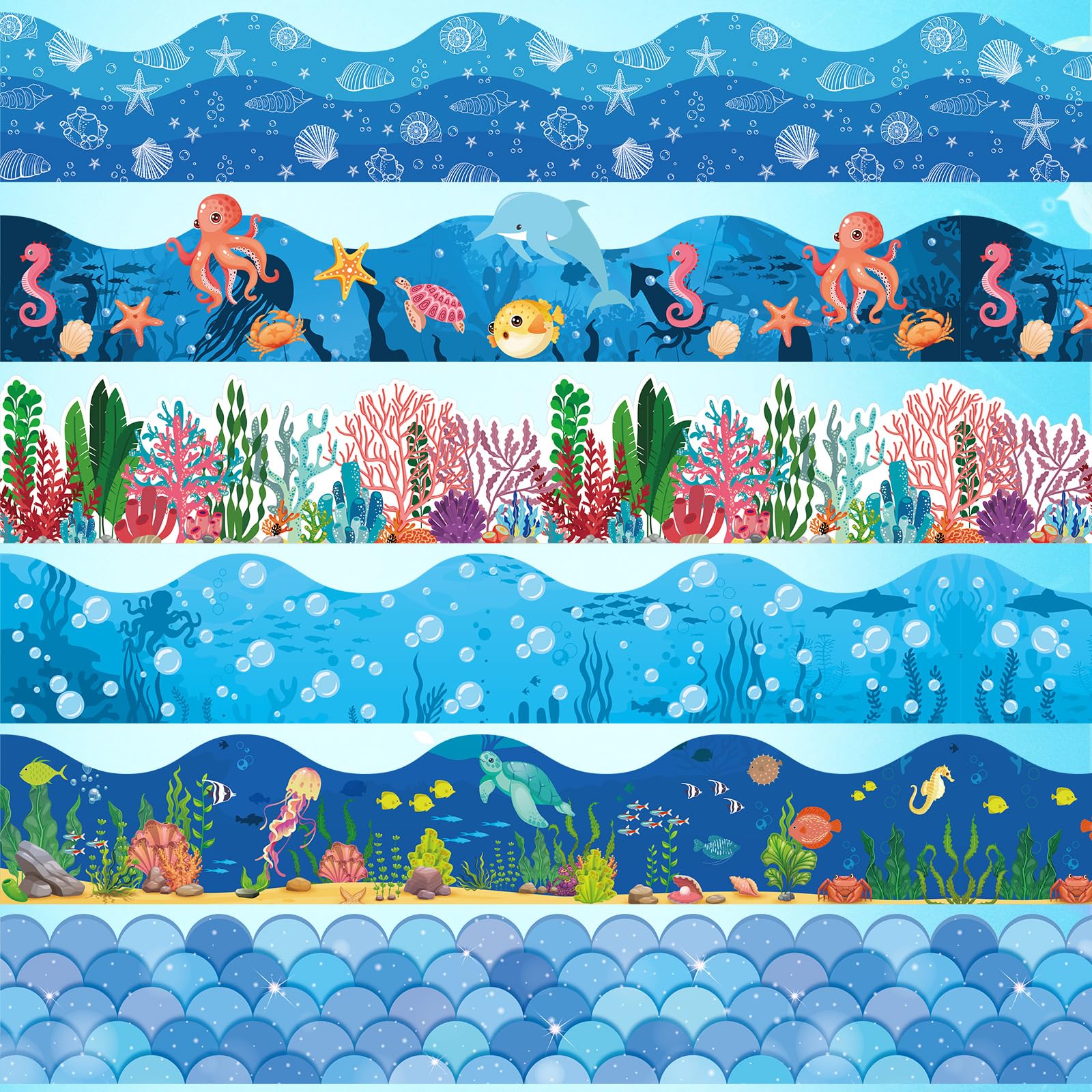 Fowecelt 84Ft Ocean-themed Bulletin Board Borders 6 Designs 78Pcs Underwater World Decoration Borders Colorful Trim Border Bulletin Board Stickers for School Classroom Office Party Decoration