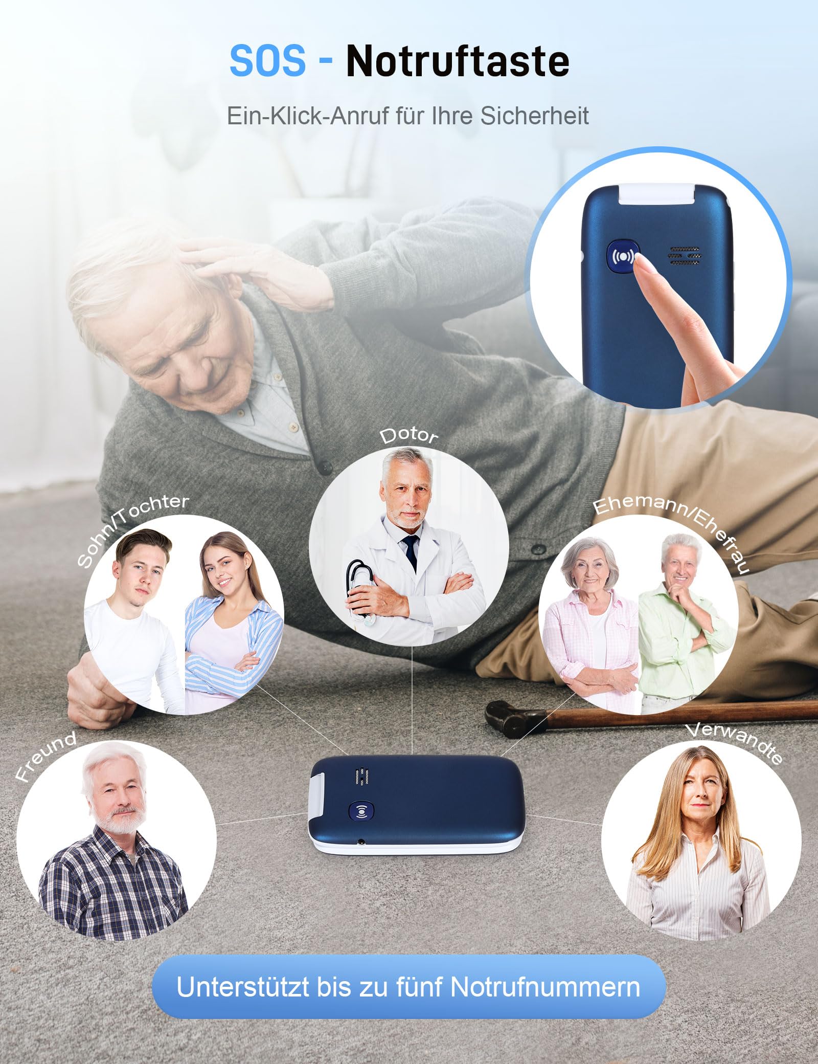 TRUE S70 Seniorenhandy Klapphandy ohne Vertrag, 2G Handy mit großem 2,8 Zoll Farbdisplay, Sturz-Notruf, SOS Notruftaste, extra laut, großen Tasten, Schnellwahl, Schrittzähler, Ladestation, Blau