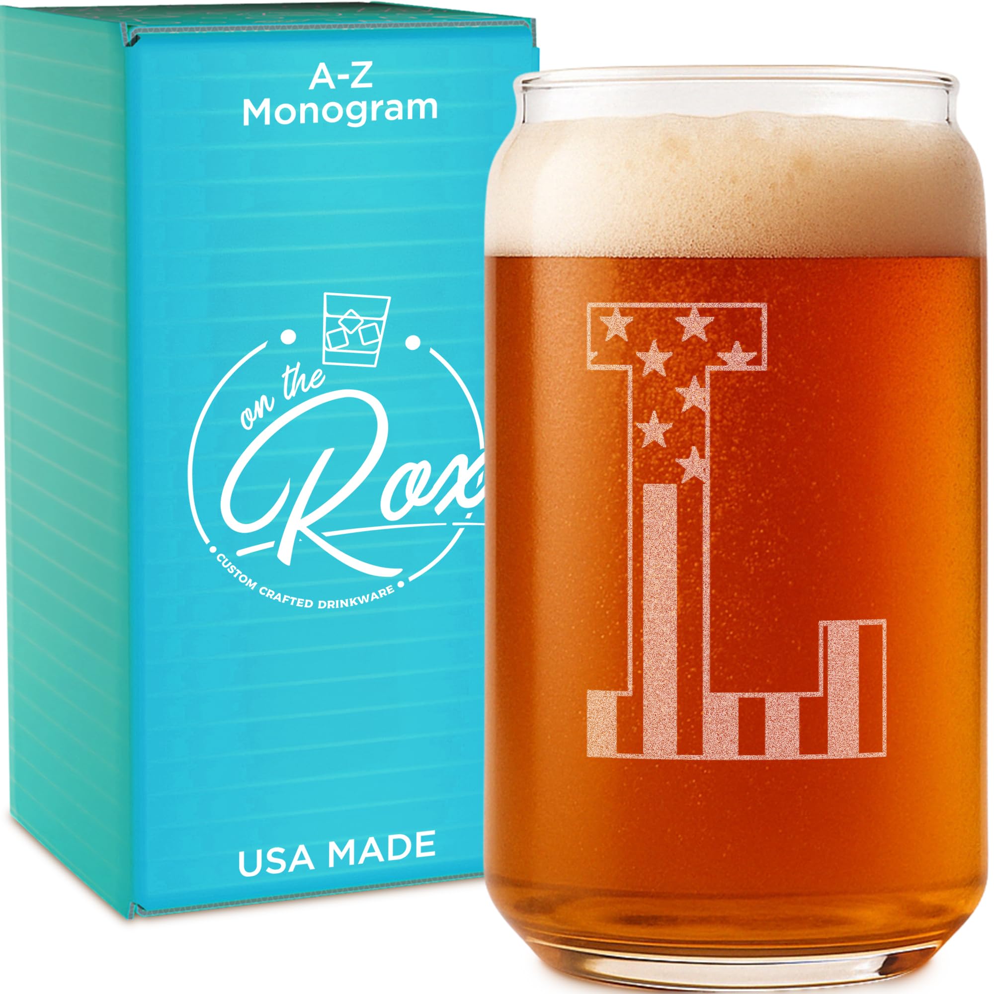 On The Rox Monogram Beer Glasses for Men (A-Z) 16 oz - Personalized Engraved Beer Gifts for Him - Groomsmen Gifts Brother in Law Dad Son Coworker - Unique USA Made Dishwasher Safe Pint Glass (L)