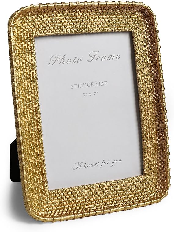 Vintage Gold 5x7 Picture Frame, Gold Metal Rattan Textured Hand-Crafted Photo Frame with Glass Front Antique Picture Frame for Tabletop Display & Wall Display, Retro Design Home Decor