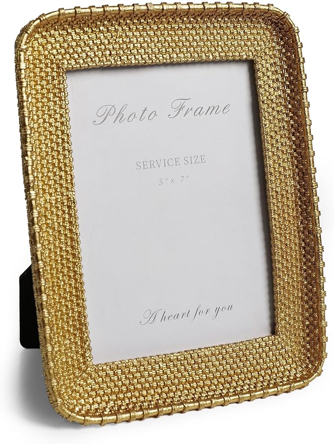 Vintage Gold 5x7 Picture Frame, Gold Metal Rattan Textured Hand-Crafted Photo Frame with Glass Front Antique Picture Frame for Tabletop Display & Wall Display, Retro Design Home Decor