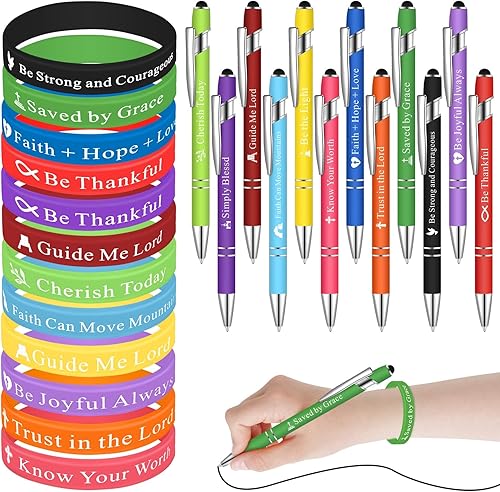 Miniatura 1 de Glenmal Juego de 24 pulseras de bolígrafos cristianos, regalos cristianos, bolígrafos de tinta negra, pulseras de goma de colores para niños,