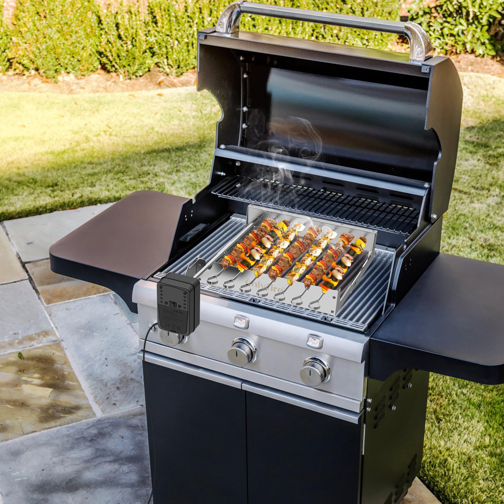 Onlyfire Elektrischer Spiessdreher, Edelstahl Drehspieß Aufsatz mit 7 Spießen und Motor, Größenverstellbar 43,3 x 40,3-46,3 cm, mit Netzstecker, Drehspieß Rotisserie, Silber