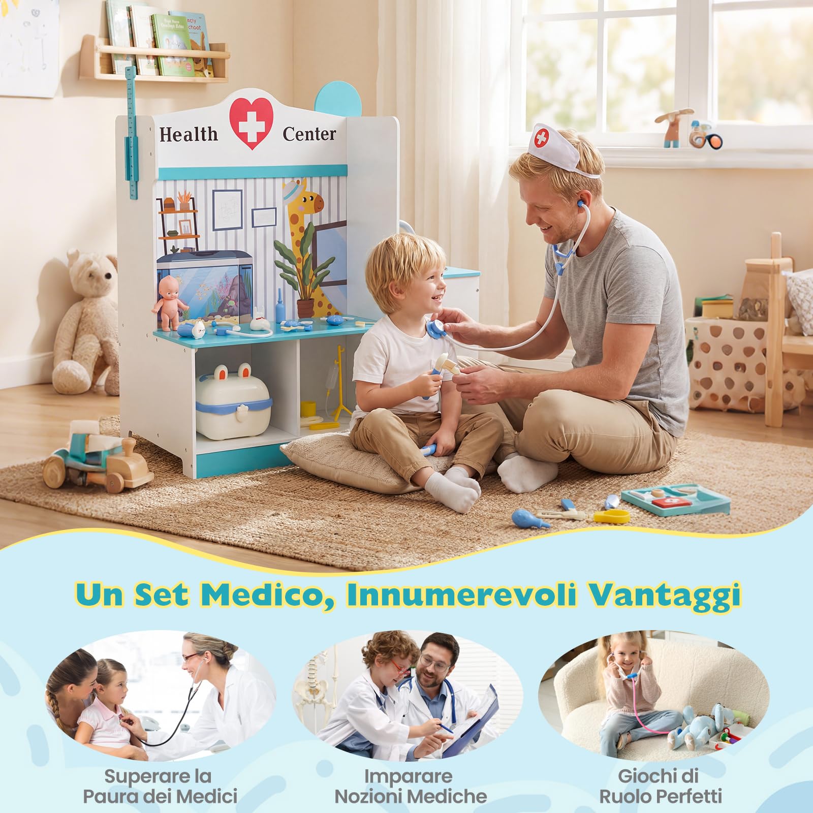 COSTWAY Kit Dottoressa Bambini a Tre Facce, Centro Medico Giocattolo in Legno con Monitor ECG, Rubinetto e 27 Accessori, Luci e Suoni, Regalo Bambini 3-6 Anni, 93 x 54,5 x 98,5 cm