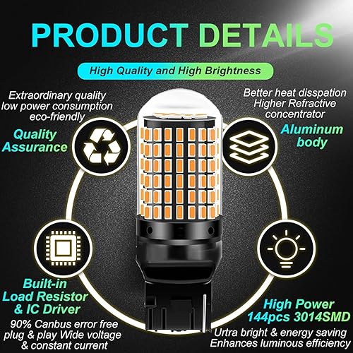 Miniatura 3 de 7440 Bombillas LED intermitentes amarillo ámbar 7441 7440NA T20 W21W WY21W bombilla de señal de giro delantera y trasera con proyector de repuesto