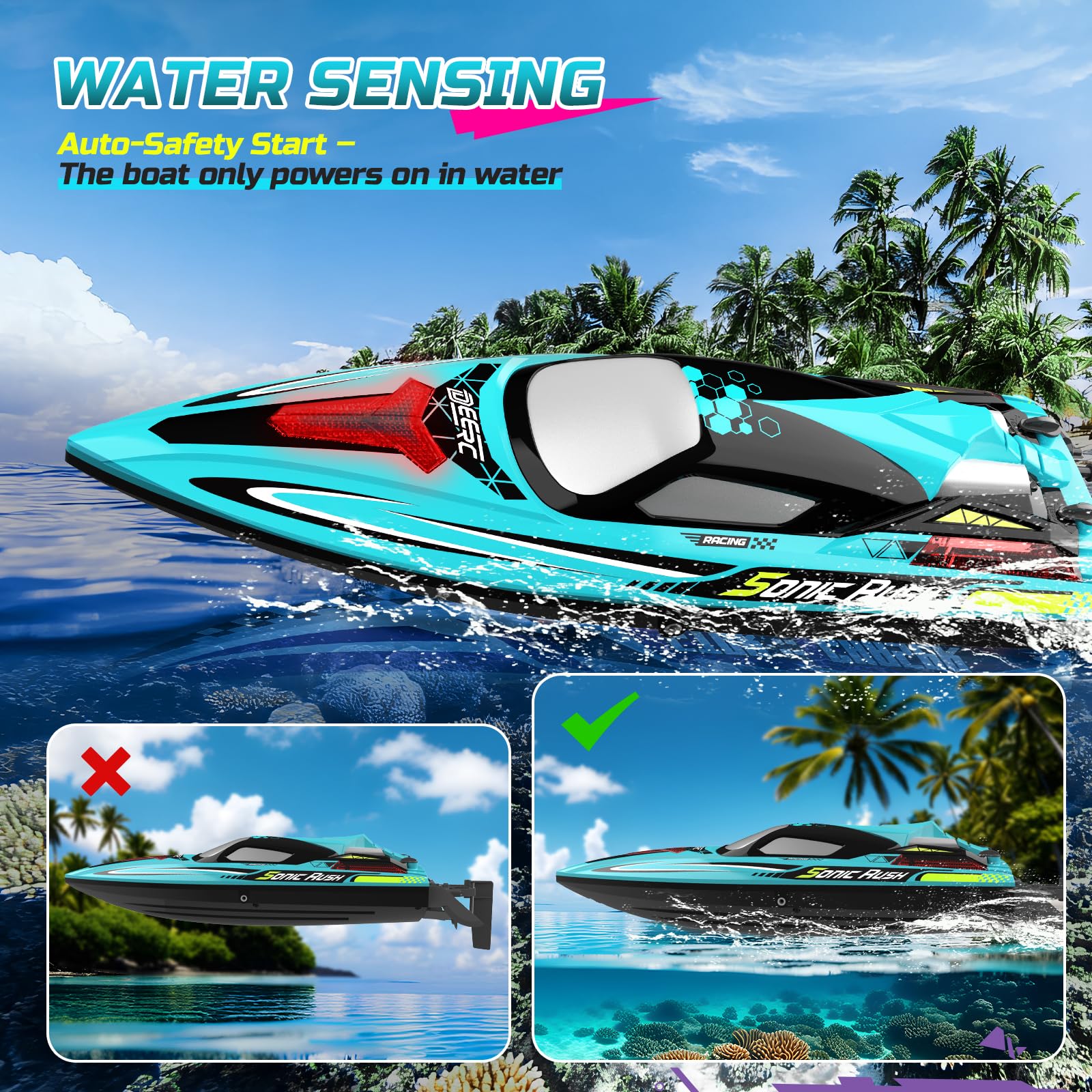 DEERC Brushless RC Boat for Adults, 34MPH Extra-Long 19" High Speed Remote Control Boats with 3S (11.1V) Battery, LED Lights, Self-Righting, 2.4GHz Racing Boat for Pool Lake, Gift Toy for Boys & Girls
