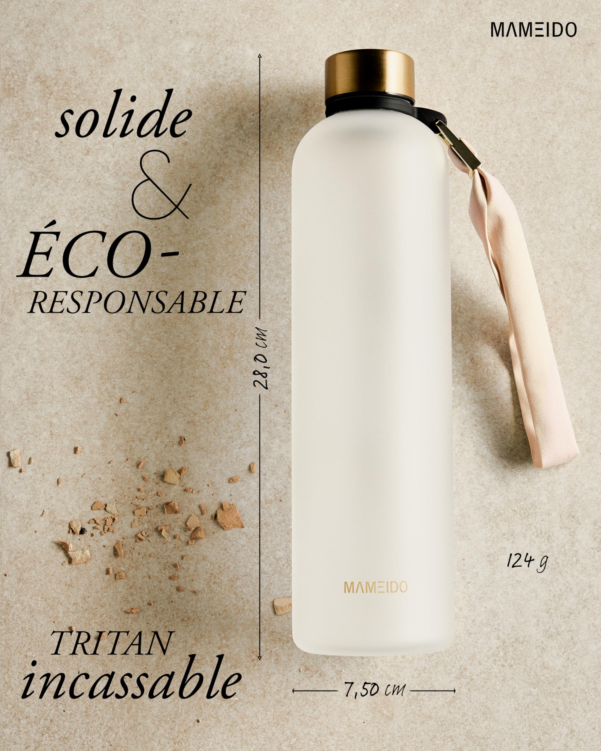 MAMEIDO Bottiglia acqua 1 litro - Borraccia plastica tritan a tenuta stagna, senza BPA - bottiglia motivazionale con orario (Frosted White Gold)