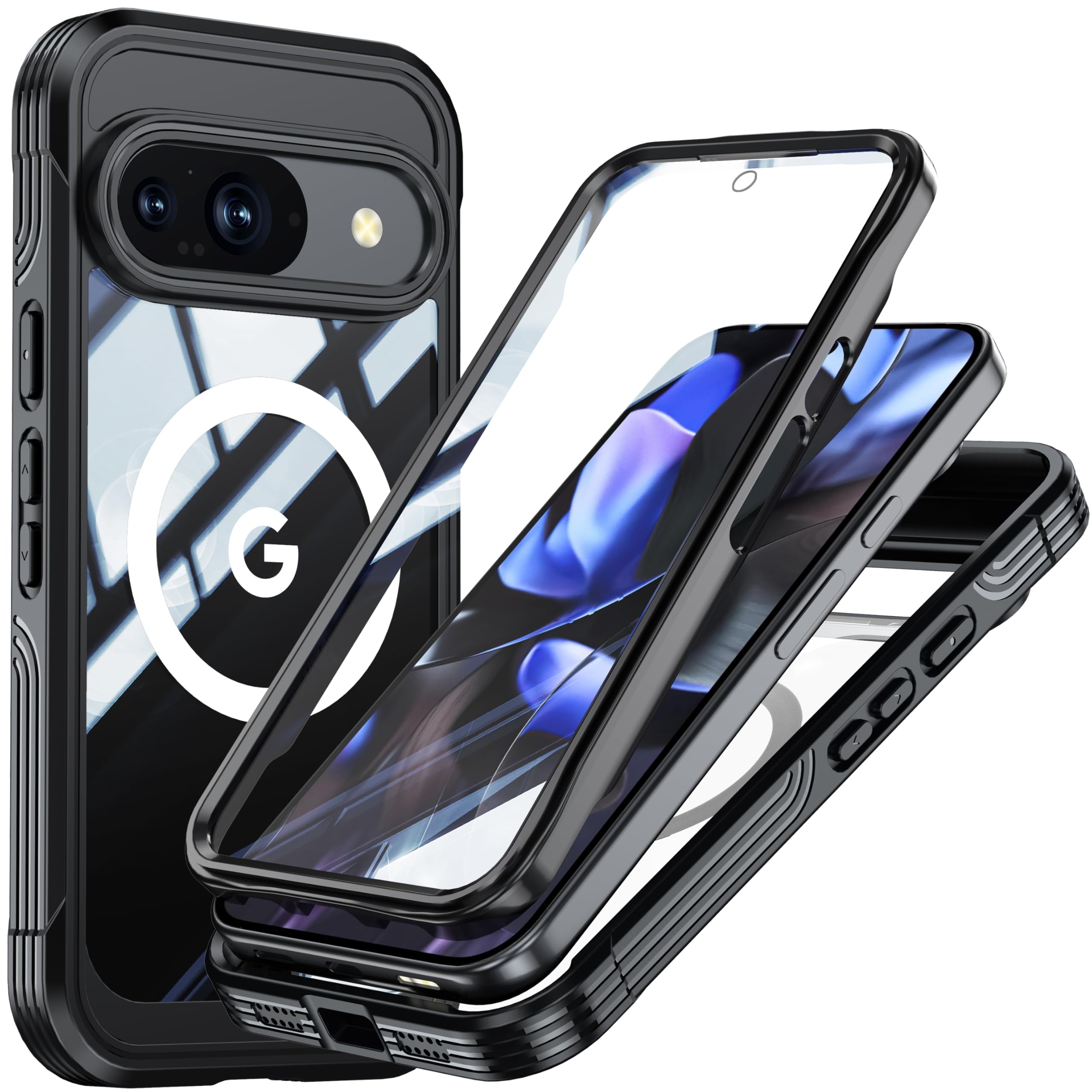 Google Pixel10 / Pixel 10 Pro ケース MagSafe対応 全面カバー 両面ケース ガラスフィルム付き 360度全面保護 ピクセル10 プロ カバー 耐衝撃 アウトドア,ブラック