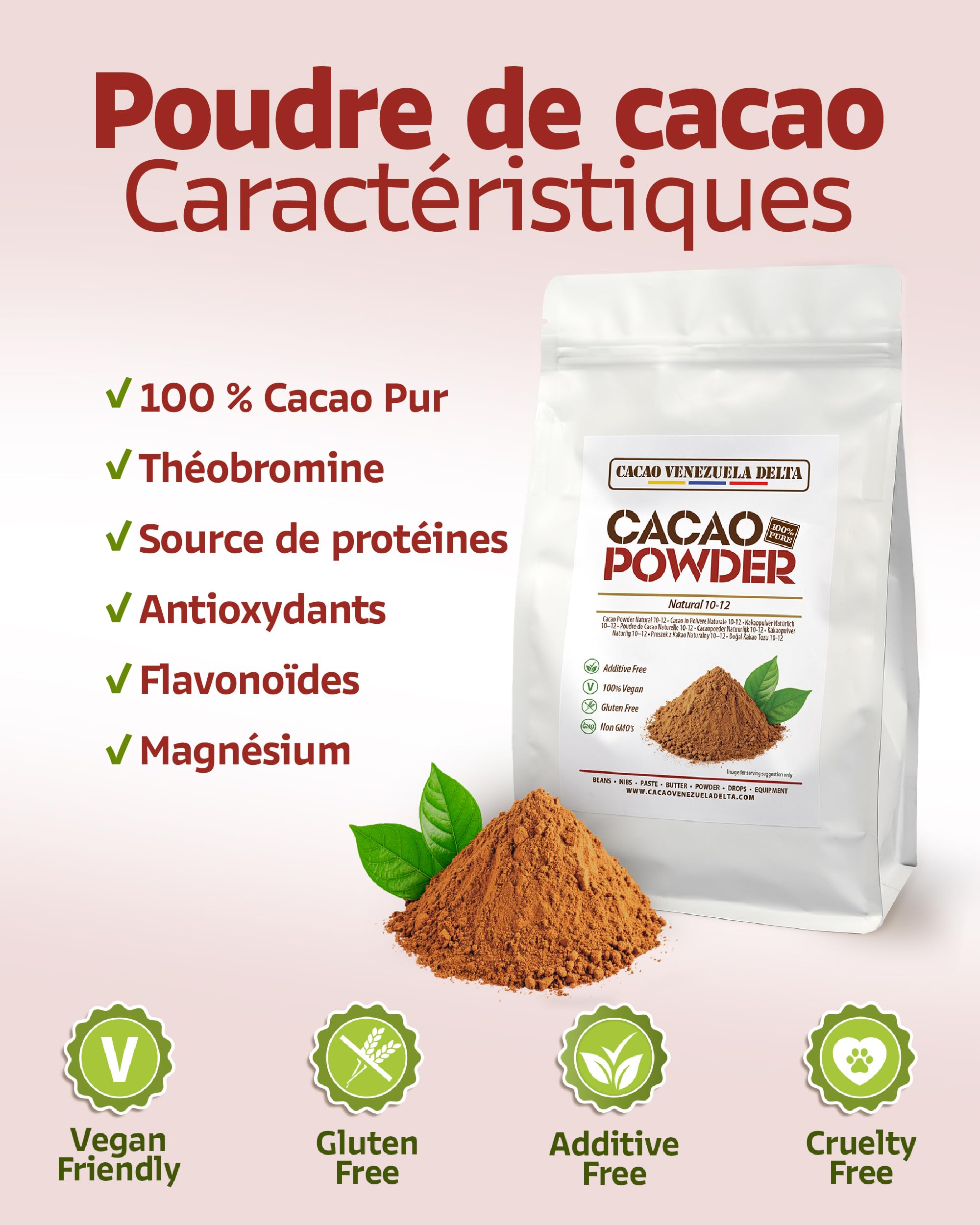 Cacao V Delta Cacao En Poudre Non Sucré 1Kg- Chocolat En Poudre Sans Additifs Idéal Pour Desserts Et Chocolats Riche En Antioxydants Et Acides Essentiels Végétalien, Keto, Paleo, Sans Gluten