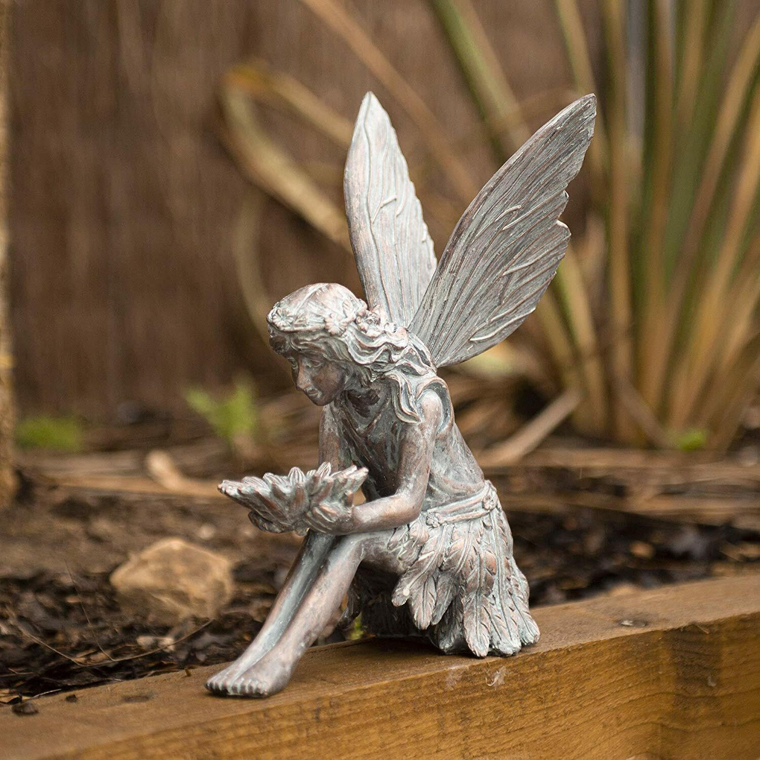 Aged Bronze Effect Garden Decor Bronze Effect Sitting Fairy Statue Ornament (Material: Resin)