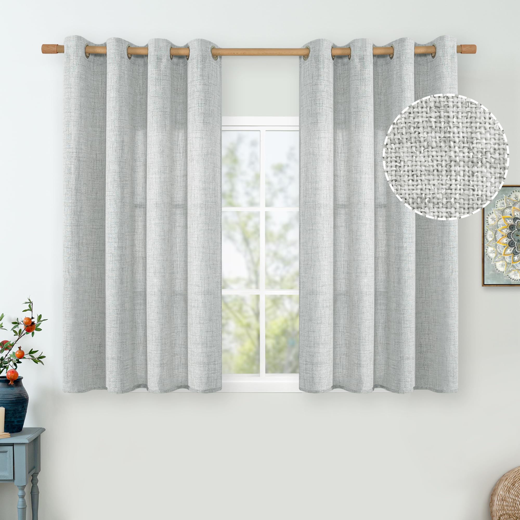 QUEMAS Natural Faux Linen Curtains for Bedroom 45 Inch Length 2 Panels, Thick Linen Blend Light Filtering Curtains for Living Room, Privacy Burlap Farmhouse Window Drape, Light Grey, Each 52 x 45 Inch