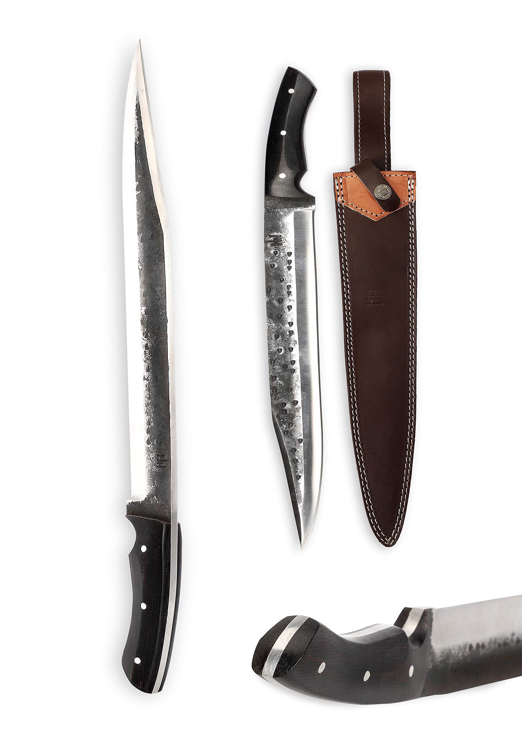 Hobby Hut HH-101, Handgemachtes Jagdmesser mit Scheide, 1095 Stahl, Bowiemesser, Micarta Griff, lederscheide