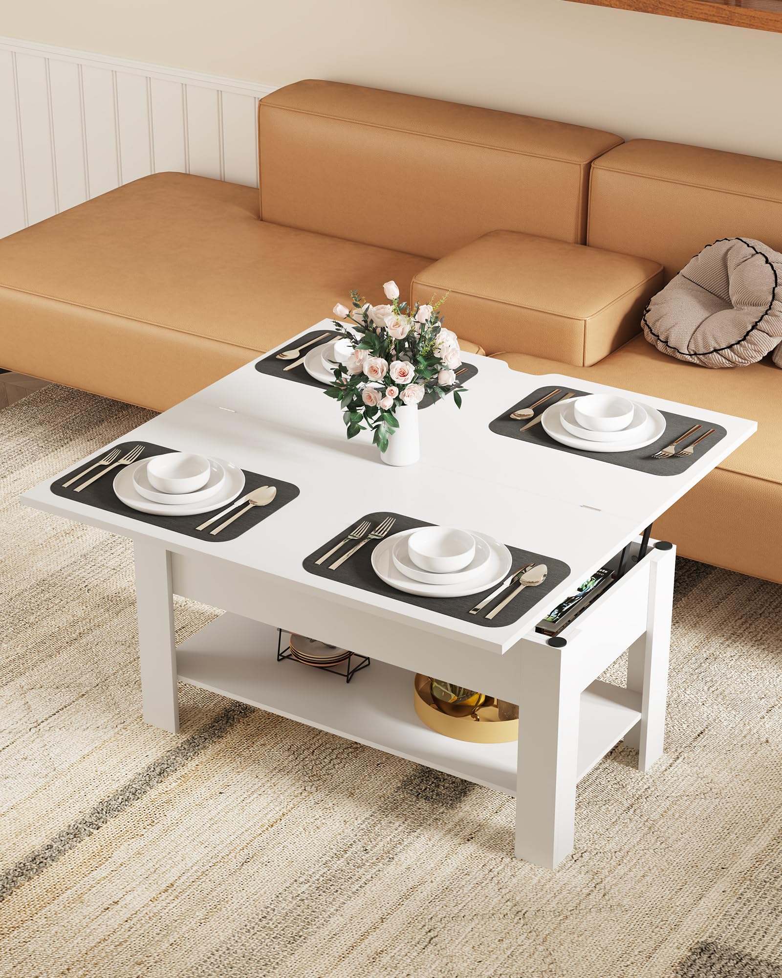 KIMENICH Mesa de Centro Regulable en Altura, Almacenamiento Oculto, 3 en 1, Multifunción, Mesa de Salón, Mesa de Café, Compartimento Abierto, Mesa de Comedor, para Salón, Oficina, Blanco
