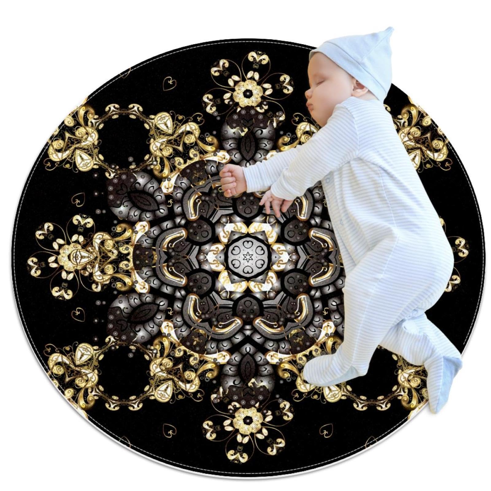 Petit tapis de salle de bain rond 1m imprimé baroque et floral