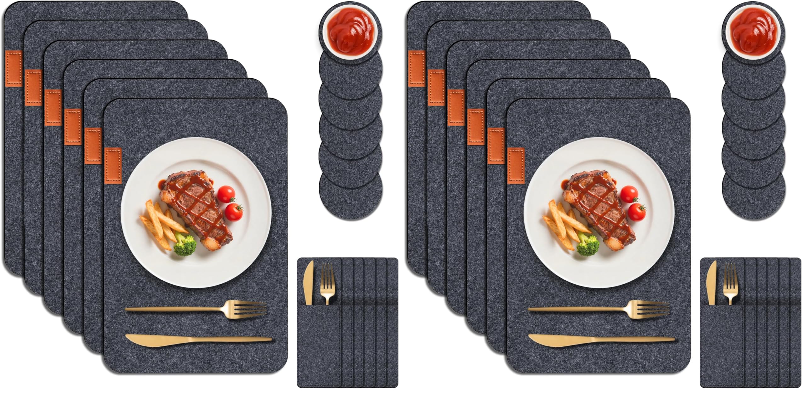 Platzsets Filz Abwaschbar, Hitzebeständige Tischsets und Untersetzer, 6 Waschbare Tischmattes, 6-rutschfeste Filzuntersetzer und 6-Besteckhüllen, Schützen Sie Ihren Küchen (Platzset Filz-Rechteckig)