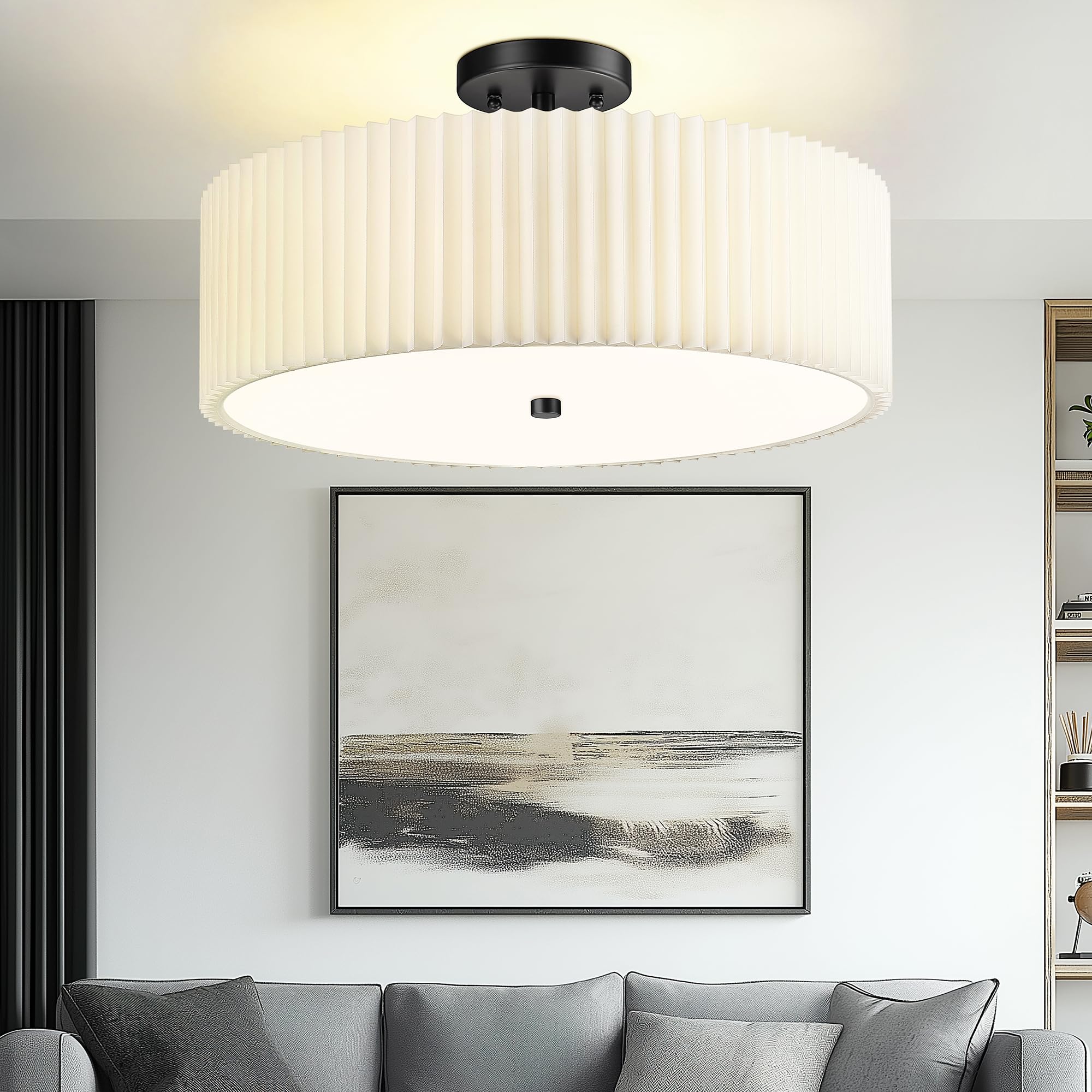 semi flush mount ceiling lights, 4-light 18" matte black ceiling light fixture with white pleated fabric shade, drum lamp for nursery hallway bedroom kitchen, ad-25036-4sf-bk