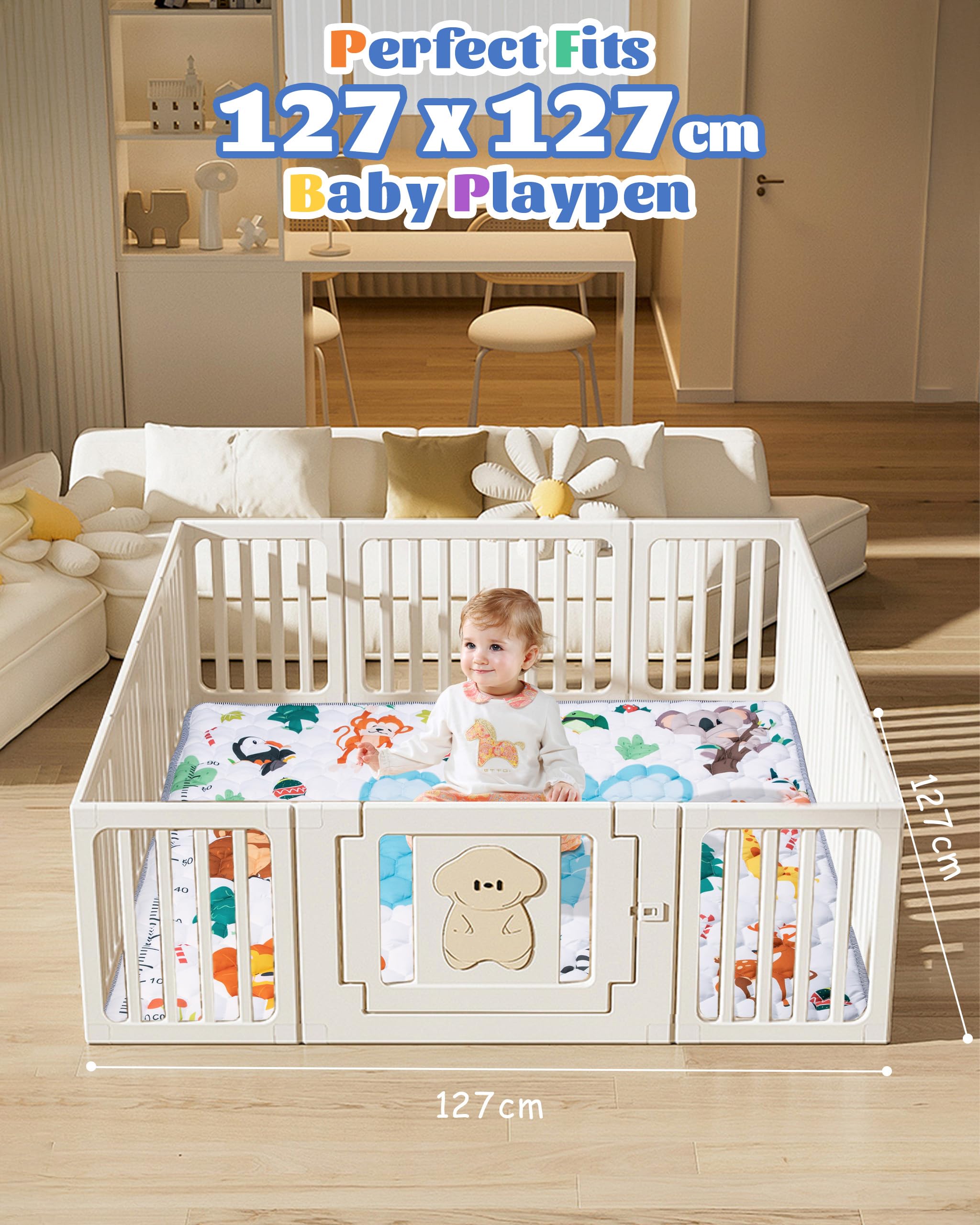 Funsland Tappeto Gioco Bambini, 127x127cm Tappeto Neonato Gattonamento, Pieghevole Morbido & Spessa Tappeto Tummy Time Neonati, Animale Tappeto Gioco Sensoriale Interattivo per Bambini 1 2 3 Anni