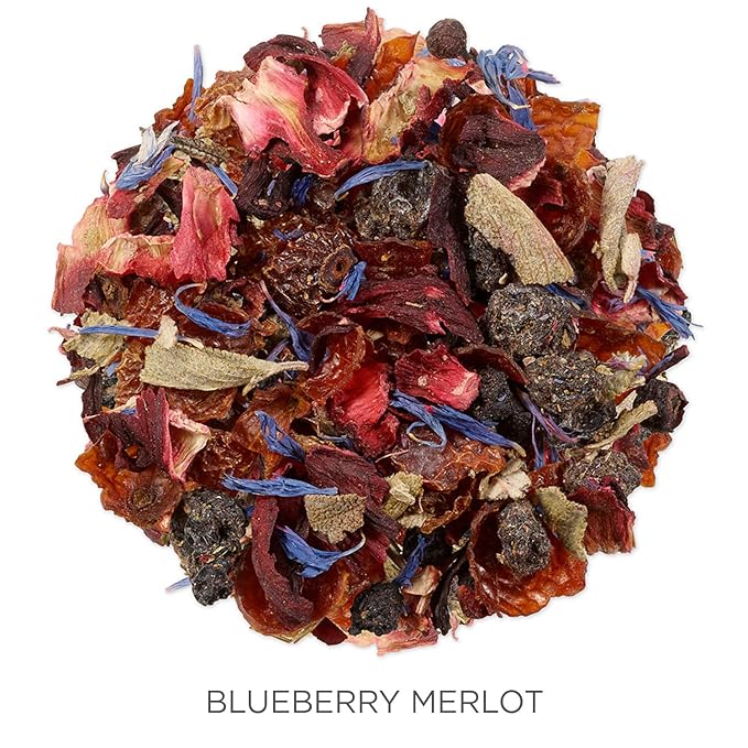 The Blueberry Merlot Organic Herbal Tea from Tea Forte is caffeine-free, making it a great option for those looking for a relaxing and soothing beverage to enjoy anytime. The loose leaf tea canister is beautifully packaged, making it an ideal gift for tea lovers or as a treat for yourself. Simply measure out the desired amount of tea leaves, steep in hot water for 5-7 minutes, and enjoy the rich and fruity flavors of this delectable blend. Experience the luxury and quality of Tea Forte's Blueberry Merlot Organic Herbal Tea for a truly exceptional tea-drinking experience. Description by ChatGPT.