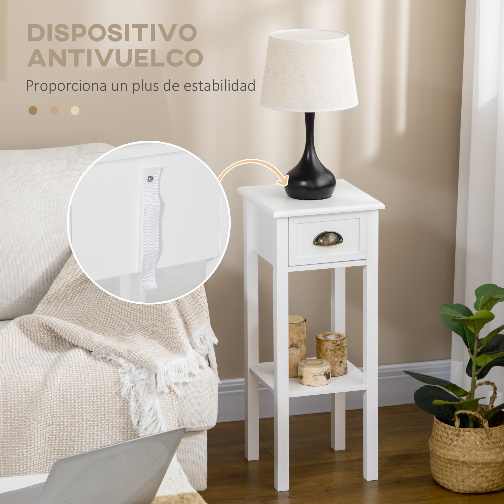 HOMCOM Conjunto de 2 Mesas Auxiliares Mesitas de Noche con Cajón y Estante de Almacenamiento Estilo Moderno para Salón Dormitorio 30x30x75 cm Blanco
