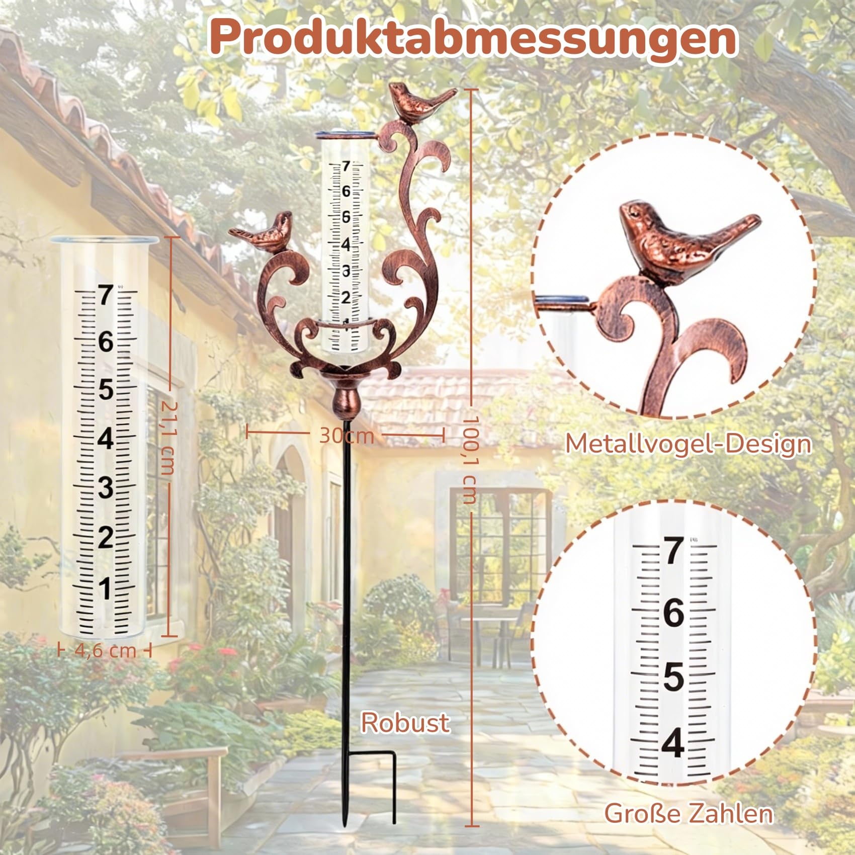 pearlstar Pluviomètre colibri résistant au gel, pluviomètre avec piquet et tube en plastique, pluviomètre pour jardin, pelouse, terrasse, cadeau pour les amateurs de jardin