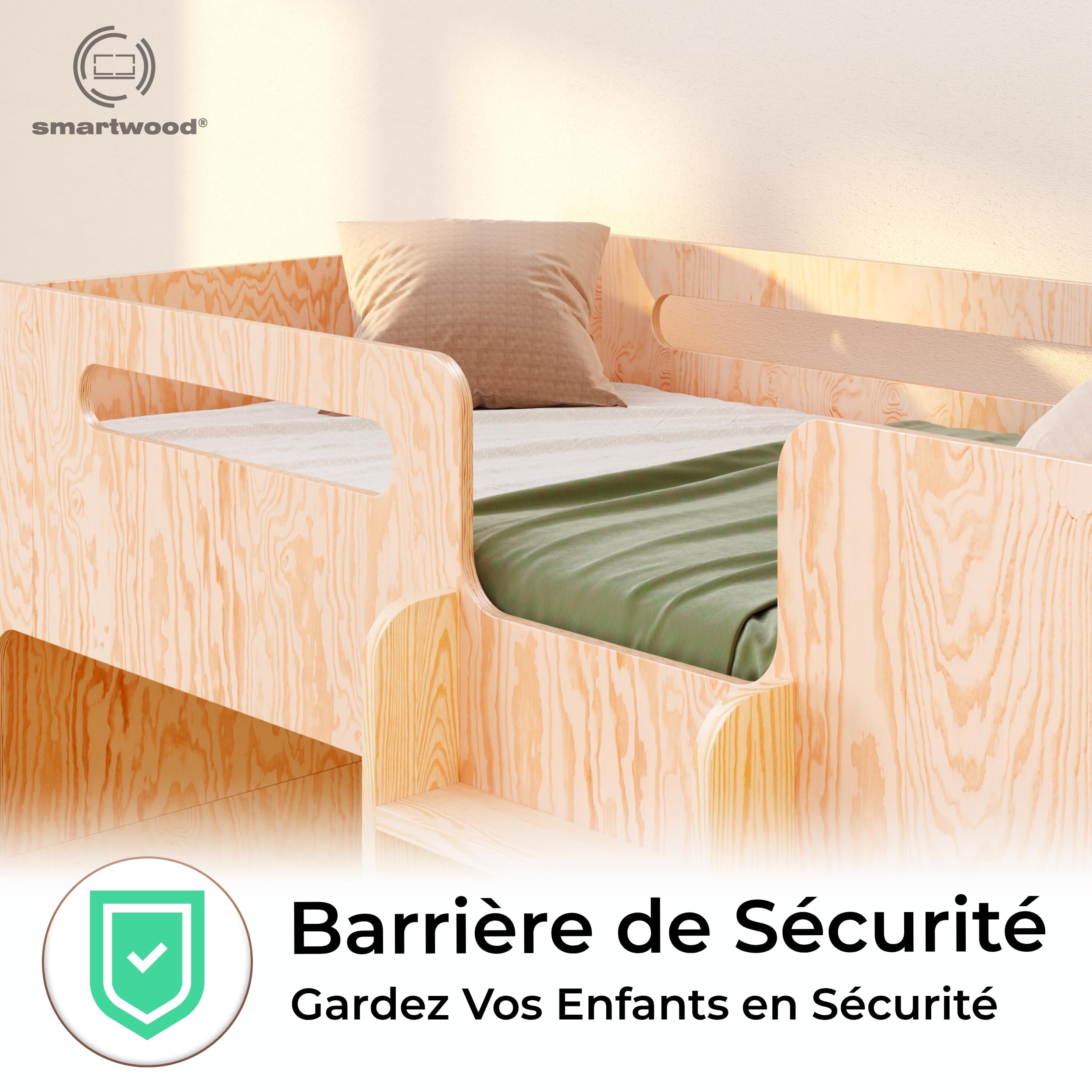 smartwood Lit Superposé 90x190 cm avec Barriere, en Pin, Mimi B