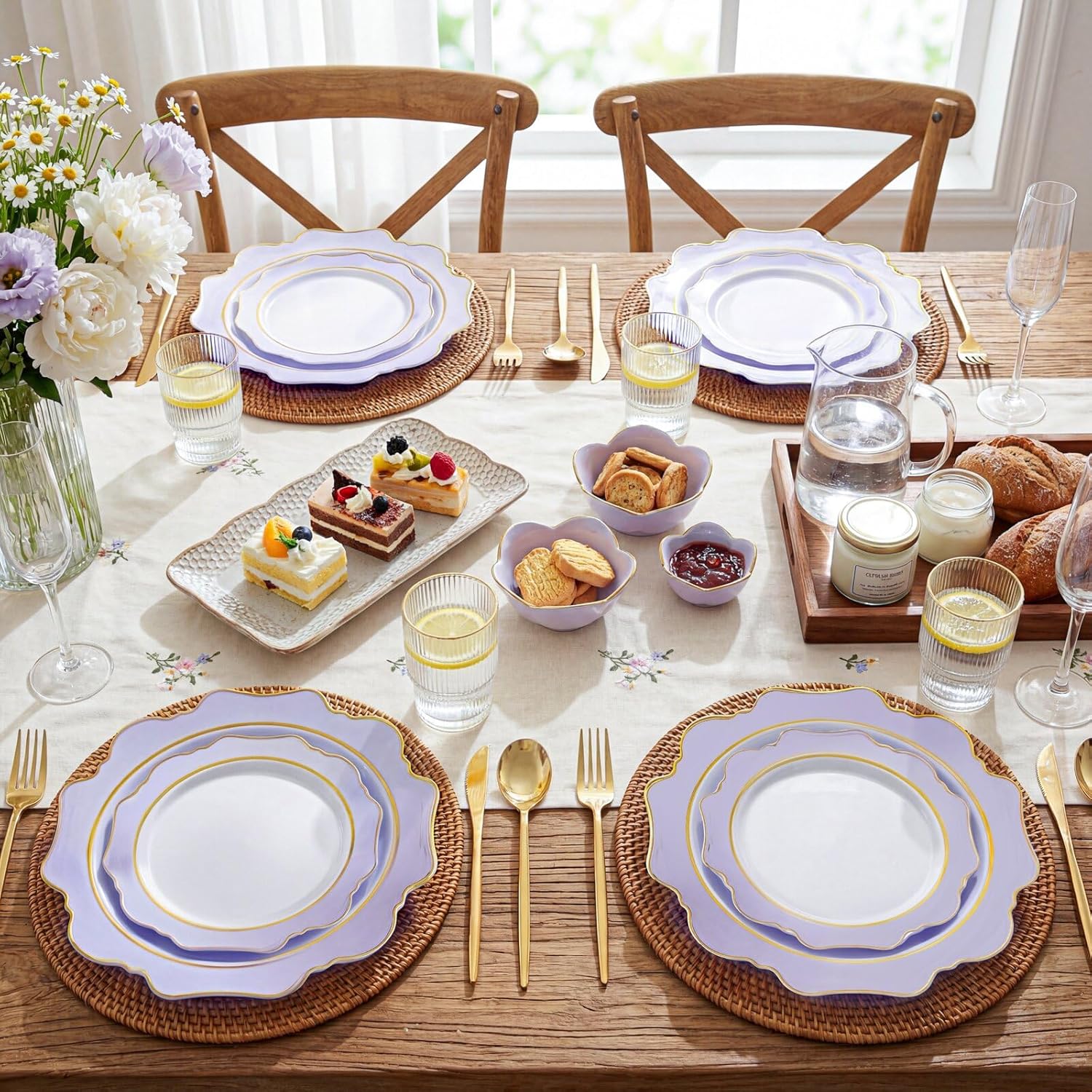 wdf 100pcs purple disposable plates - lavender plates - heavy duty scalloped purple plastic plate for party/wedding/birthday/spring purple 100
