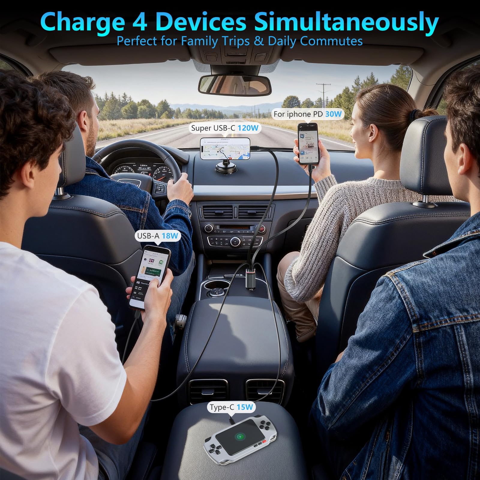 Accendisigari USB, caricabatteria da auto con proiettore cielo stellato, 120 W, caricatore da auto USB C, 30 W, cavo USB retrattile integrato di tipo C e cavo USB (65 cm), adattatore USB da 12 V per