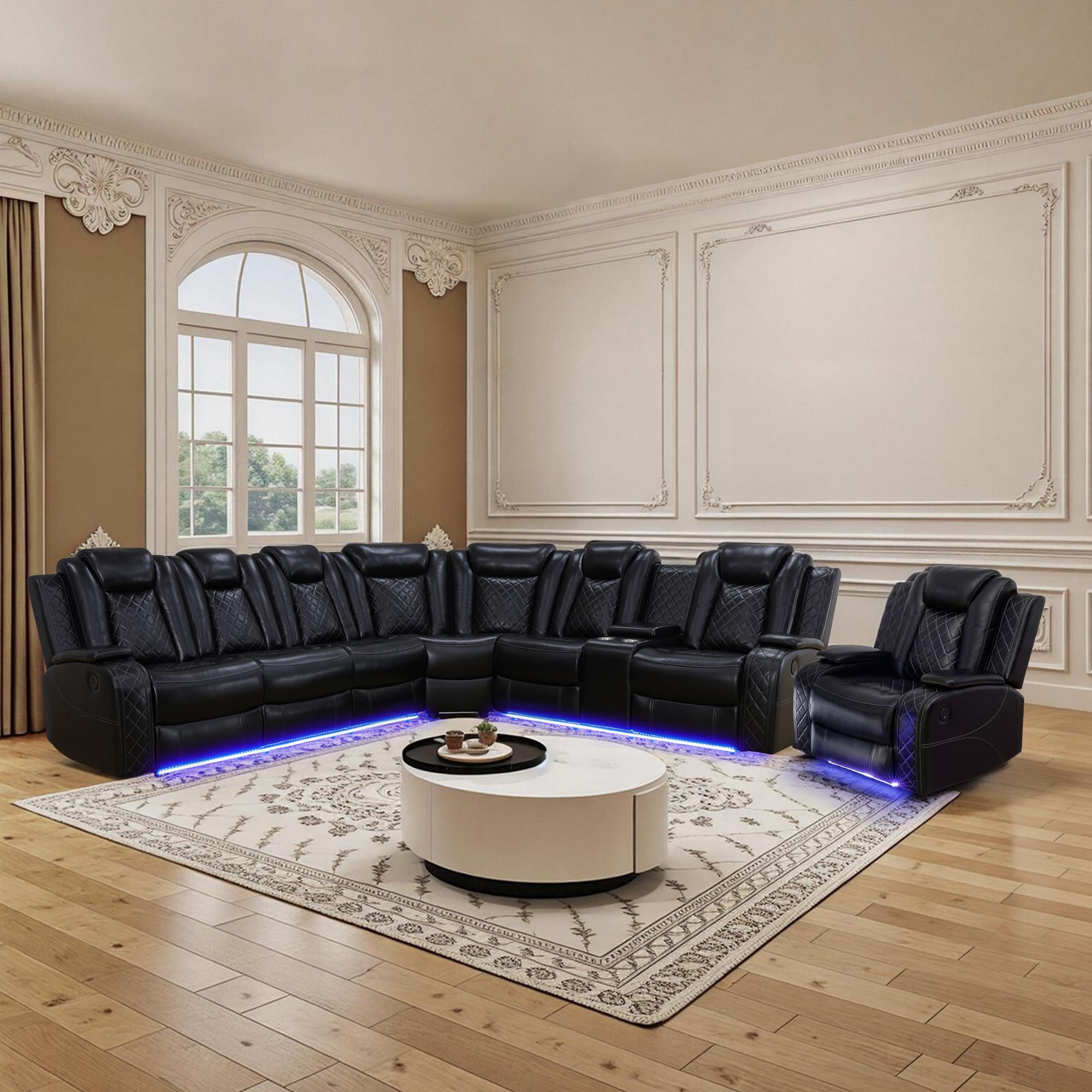 JBXBER Power Recliner Sectional Sofa Set for Living Room, Leather Recliner Sofa Sets, L-Shaped Corner Sectional Couch Sets with LED Lights, Console