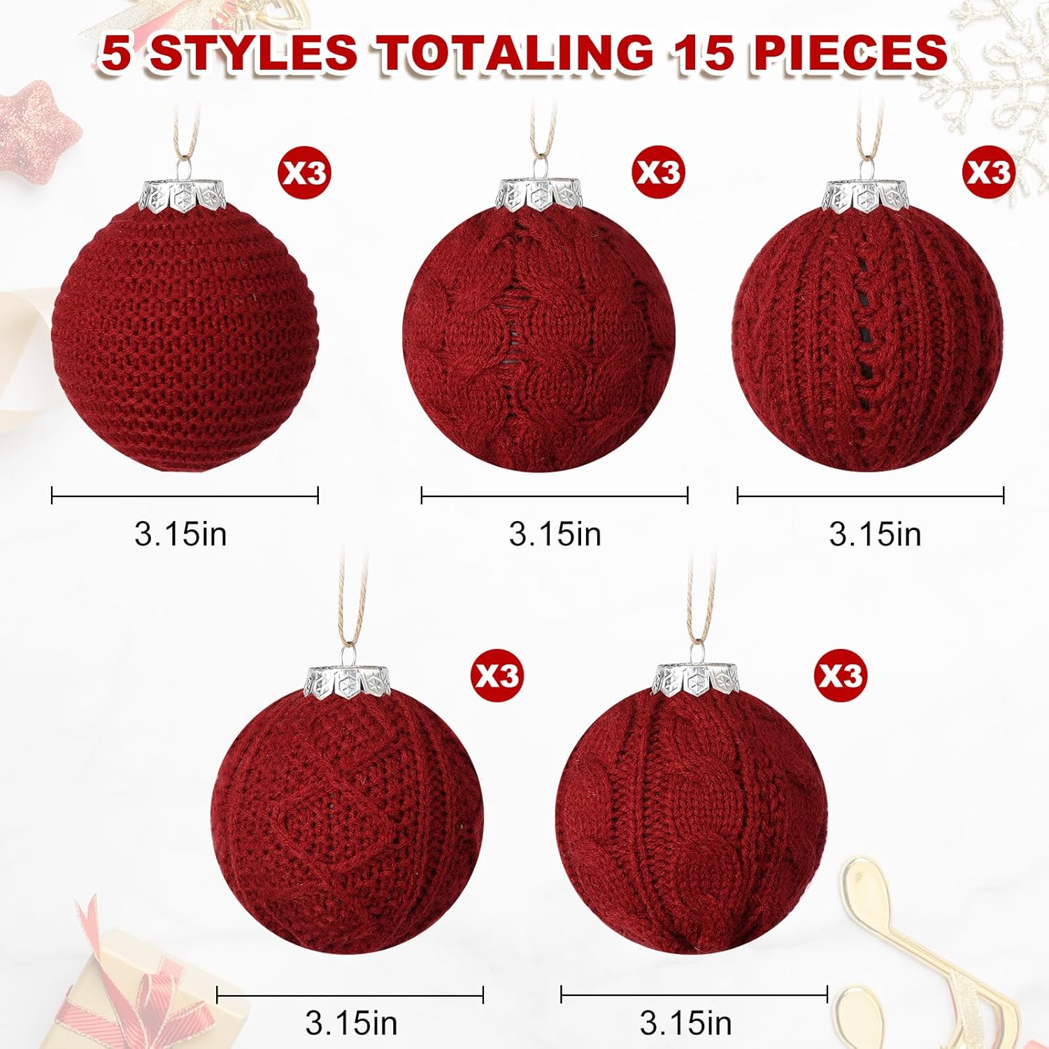 15-Pack Neutral Christmas Ornaments Crochet Christmas Balls - Handmade Style Yarn Ornaments,3.15 inch Knitted Cotton Baubles for Rustic Farmhouse Holiday Xmas Gift Decor (Red)