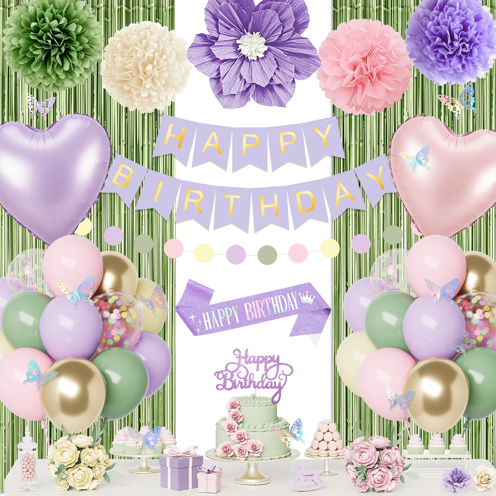 Green Purple Party Decorations, Pastel Birthday Decorations for Girls, Purple Pink Yellow Sage Green Balloons with Happy Birthday Banner, Sash, Butterfly, Pompom, Fringe Curtain, Women Party Supplies