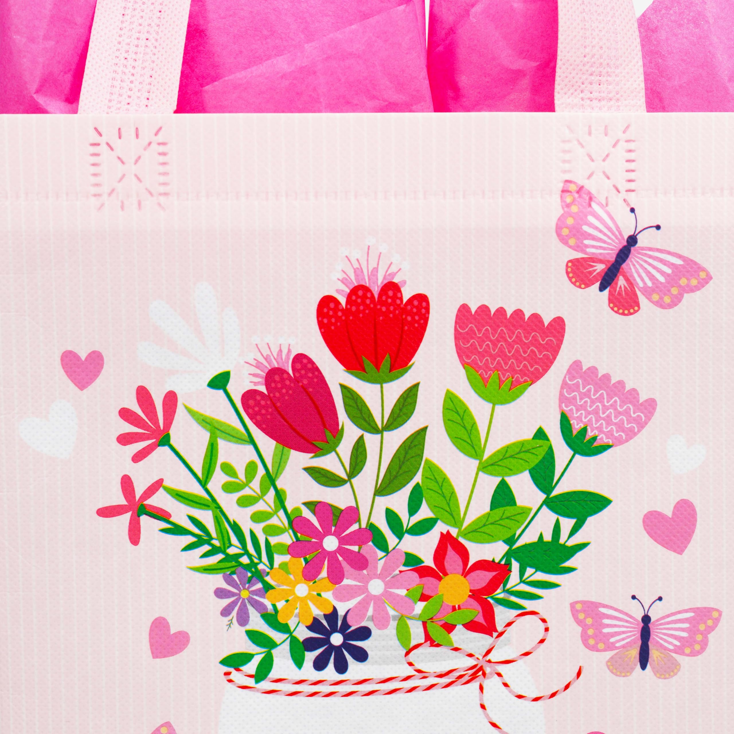 SUNCOLOR Mother's Day Gift Bags with Tissue Paper, Floral Design Non-Woven Material, 10x8x4.7 Inches, Pink and Blue, 2 Pack