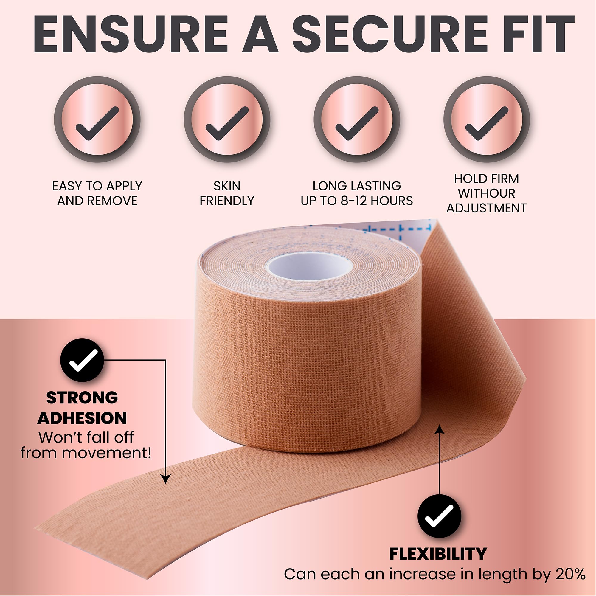 FEMME FÉROCE 3 in 1 Boob Tape Kit for Women - Breast Lift Tape Roll with Reusable Nipple Pasties Tin Box and 12 Fashion Tape Strips - Backless Saree Lehenga Womens Wear Support - Beige 4