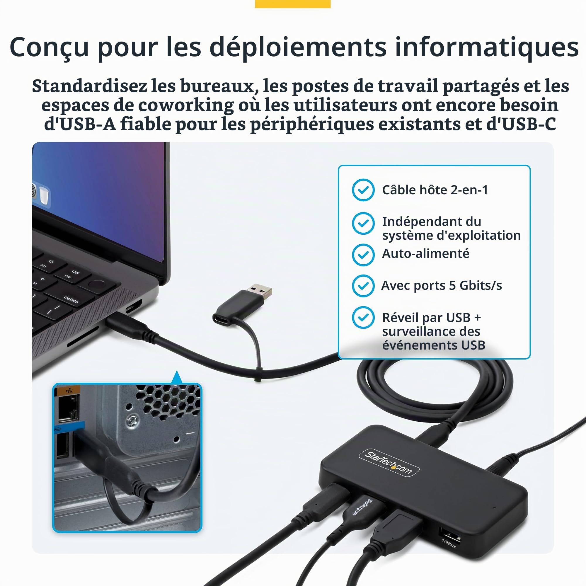 StarTech Hub USB-C et USB-A 4 Ports, 5Gbps, 36W, EU (311UE-USB-HUB) | 1x USB-C et 3x USB-A, Auto-alimenté, Câble adaptateur hôte 2-en-1, BC 1.2, MacBook et Windows