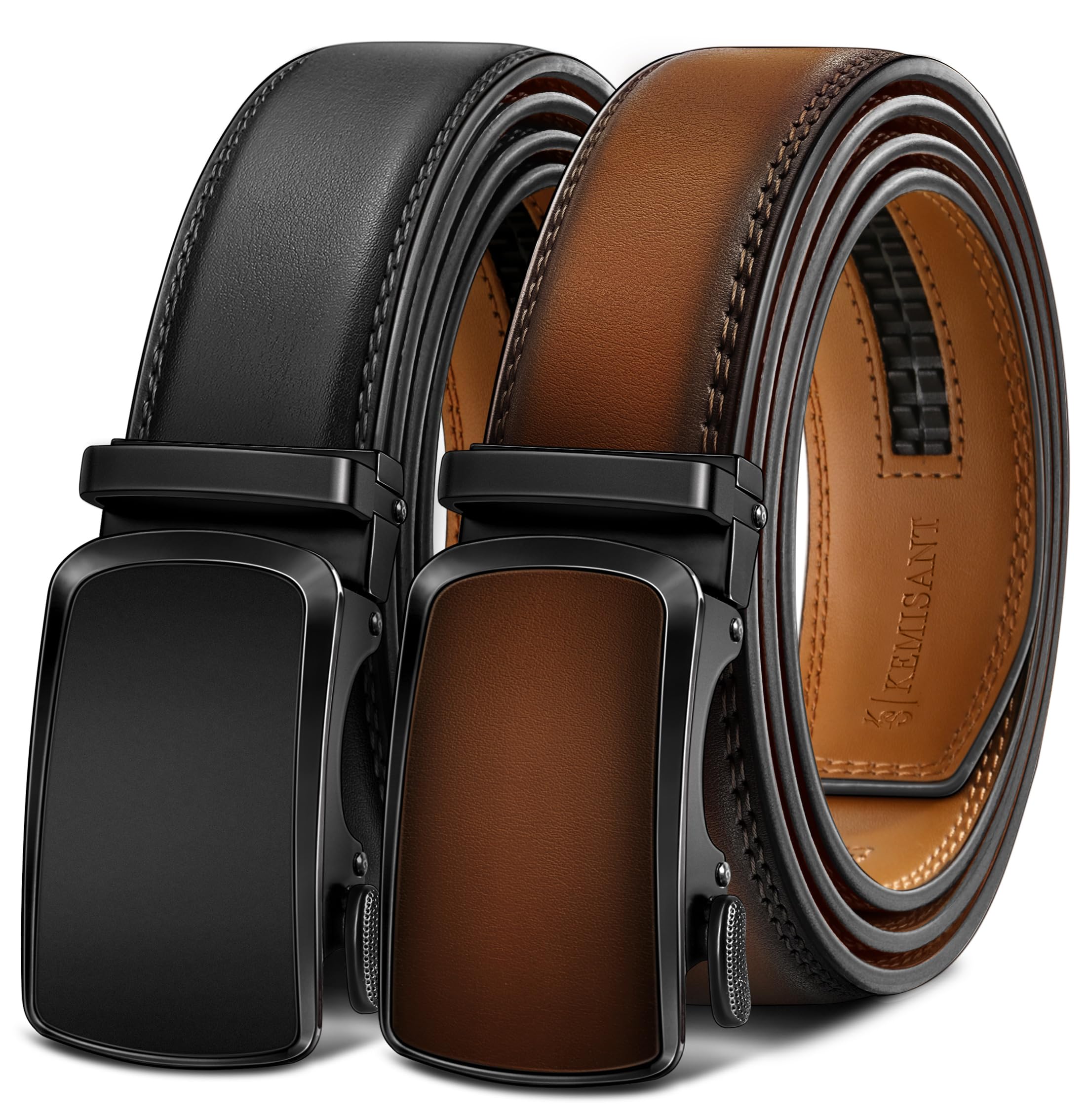 KEMISANT Gürtel Herren 2er Pack, Leder-Ratsche-Gürtel mit Einfachem Klick-Schiebesystem,3,5cm (1 3/8″),Individuell Anpassbar