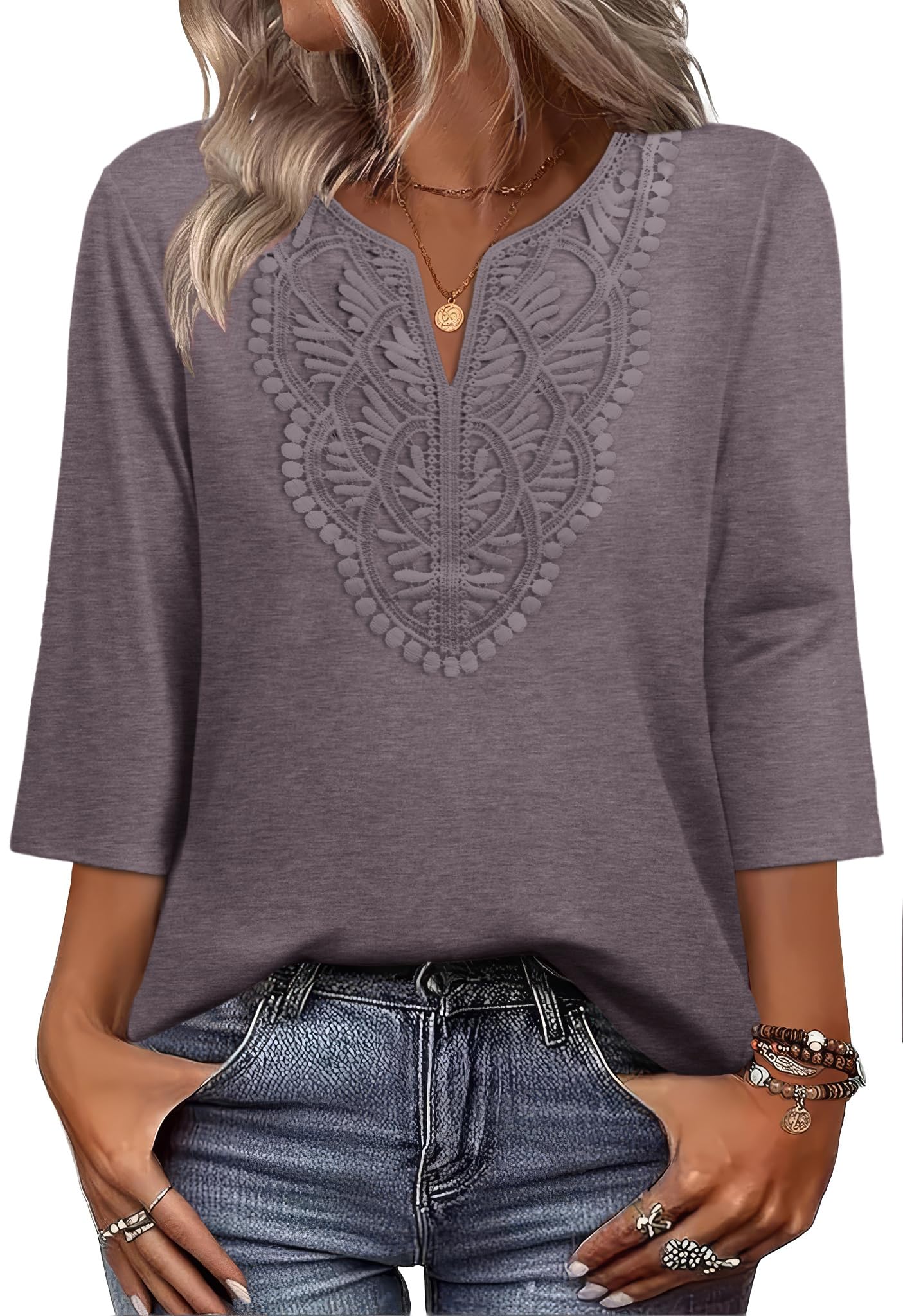 WIHOLL 3/4 Length Sleeve Womens Tops Boho V Neck Lace Shirt Trendy Blouses Dressy Casual Vacation Clothes S-3XL - 2