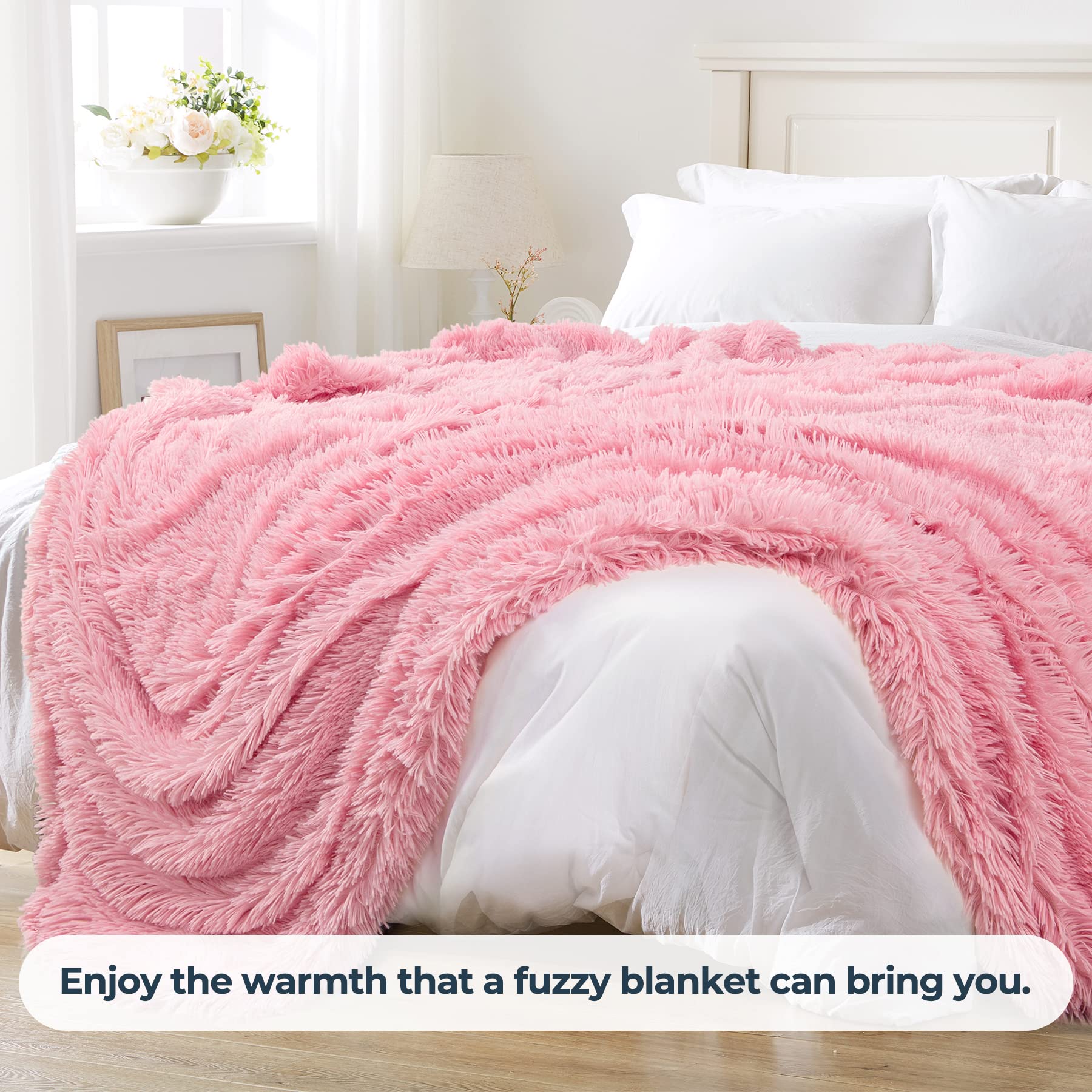 Fluffy Queen Size Blanket, Soft Faux Fur Blanket, Fuzzy Cozy Breathable Blanket for Couch,Bed,Sofa,78" x 90",Pink