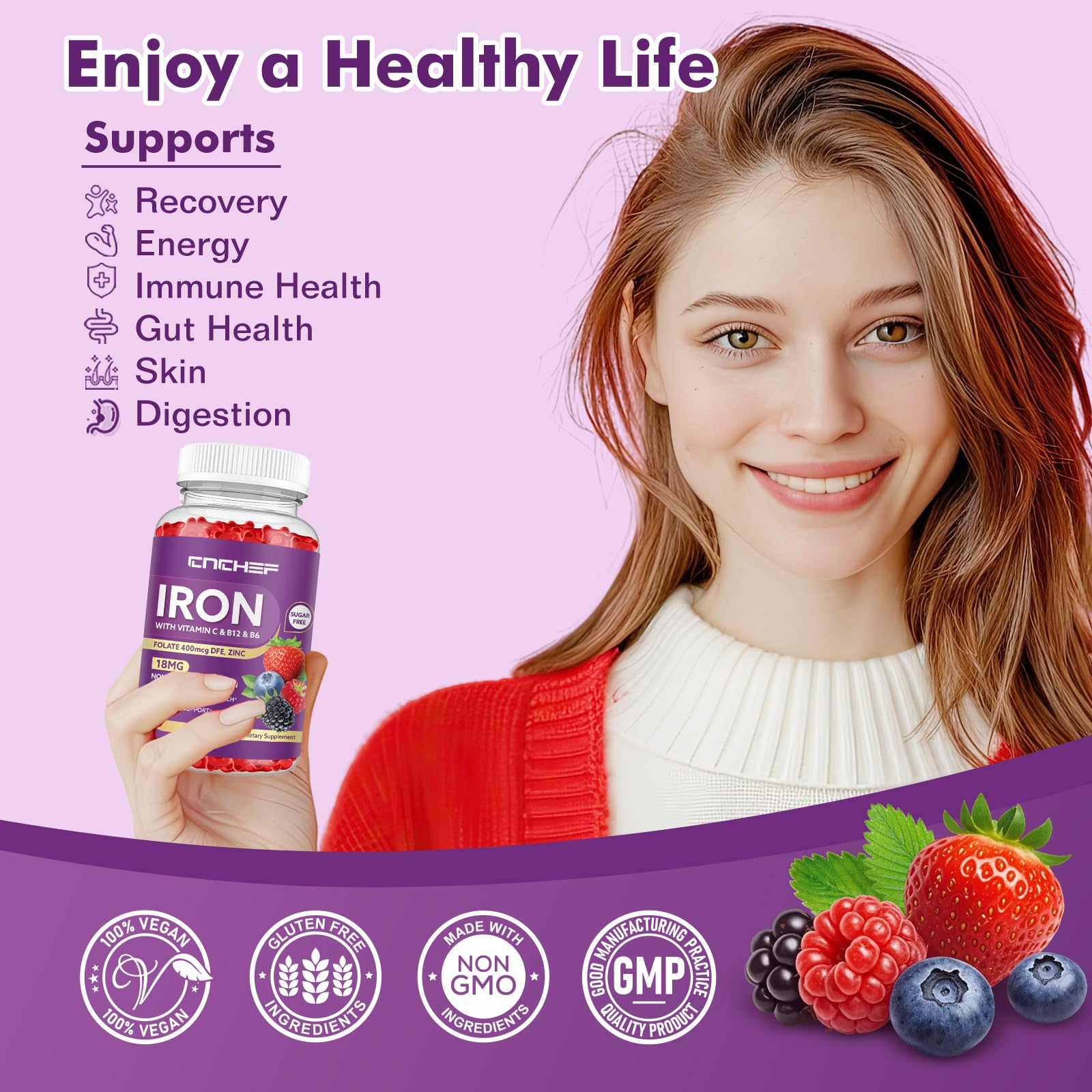 Iron Supplement for Women & Men Gummies, Multivitamin Blood Builder Iron Supplement with Folate Vitamin C B12 B6 Zinc for Adults & Kids - Energy Support - Mixed Berry Flavor, Vegan 60 Gummies — Amazon image 2