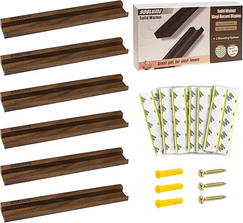 Miniatura 8 de Sapele - Soporte de pared para discos de vinilo de madera, paquete de 6 estantes de discos de vinilo de 12 pulgadas, estantes flotantes vintage para