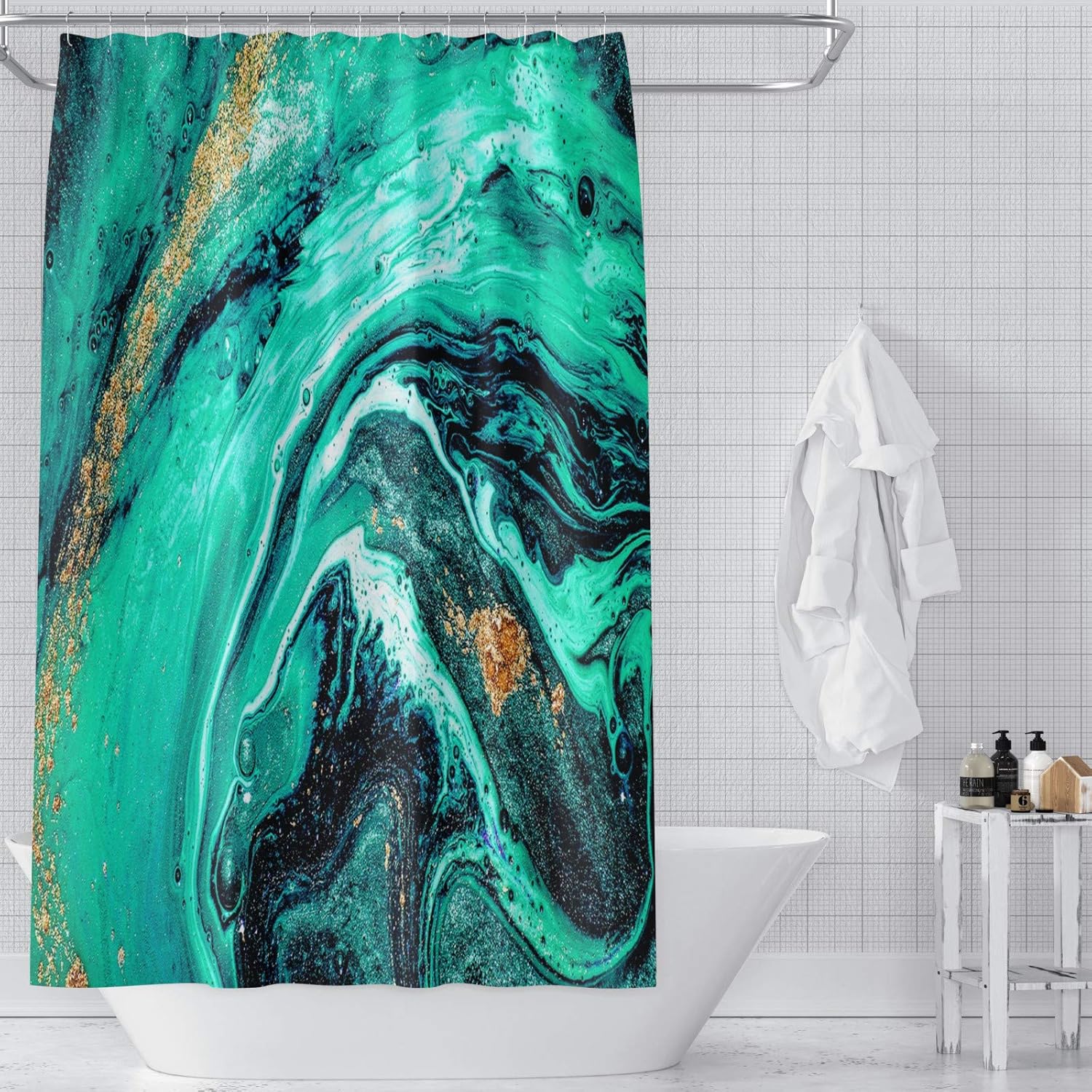 Green Shower Curtain for Bathroom with Hooks, Marble Abstract Crystal Pretty Long Cloth Fabric Shower Curtain Bath Decorations, 71Wx72L Green
