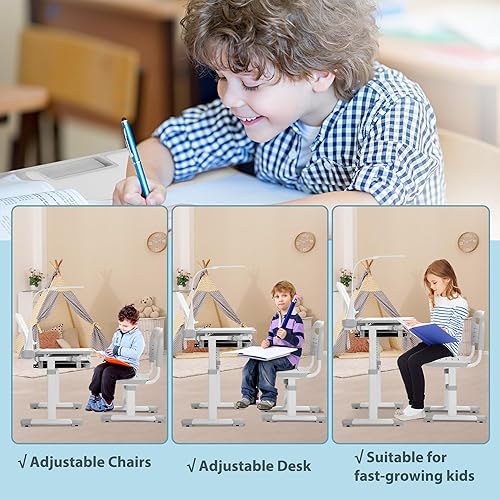 Miniatura 6 de Rengue - Juego de escritorio y silla para niños, altura ajustable, escritorio funcional escolar con escritorio inclinable a 55, 3 modos y luz LED