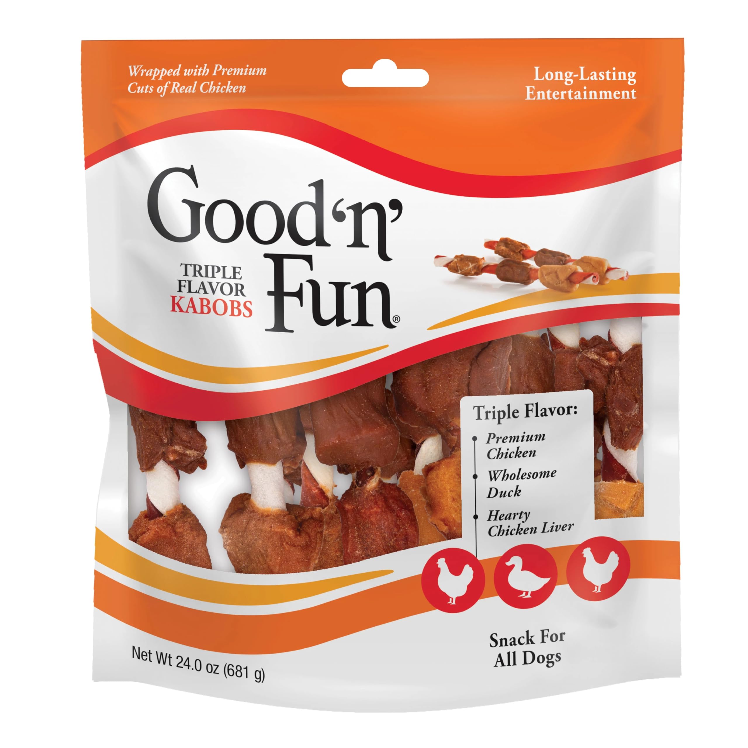 Good'n'Fun Triple Flavored Rawhide Kabobs for Dogs, 24 oz, 36 Count, 2 Pack