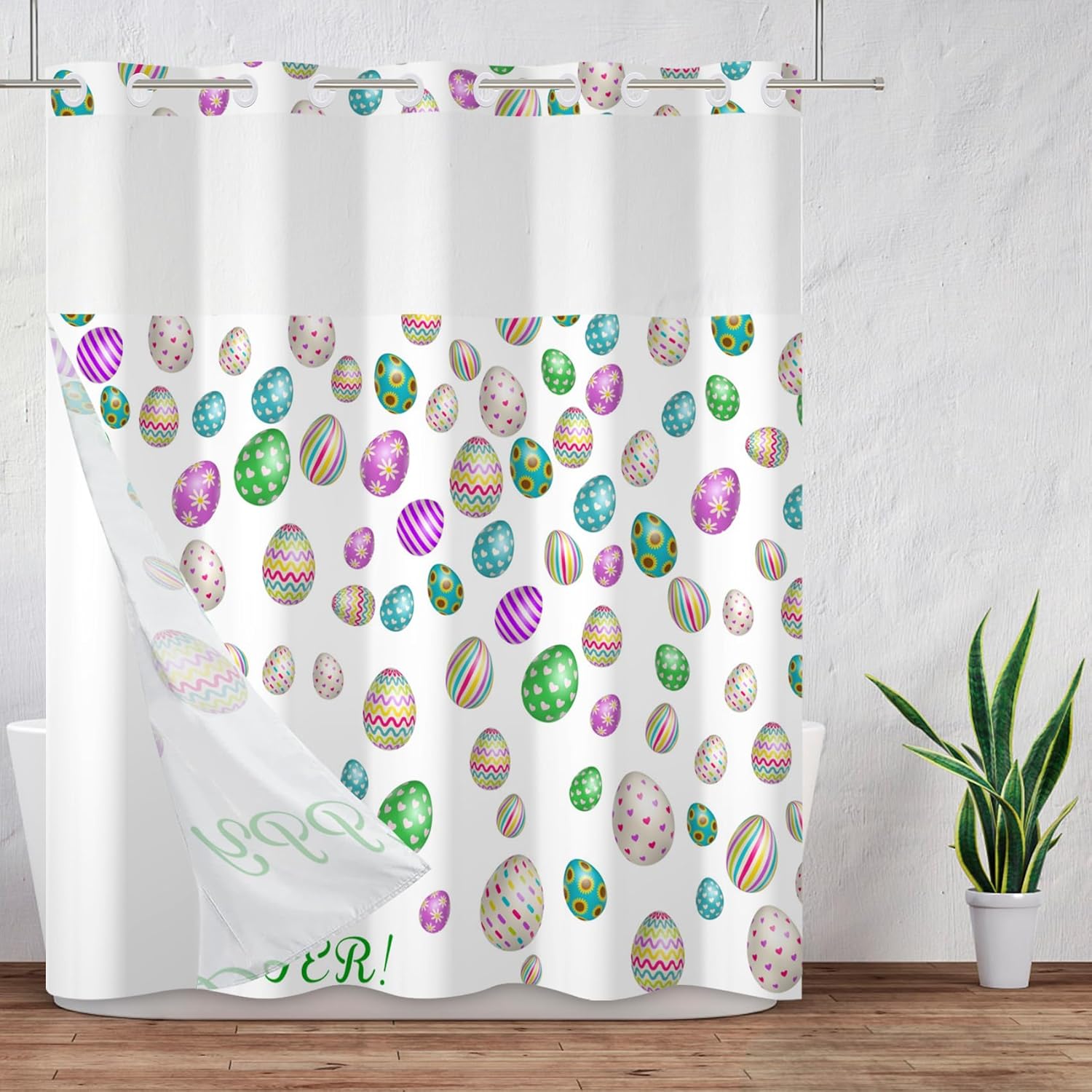 Baocicco No Hook Happy Eggs Shower Curtain with Snap in Fabric Liner Set Colorful Eggs Spring Easter Holiday Famrhouse Double Layers Waterproof Shower Curtain and Liner Set 71x74 Inch